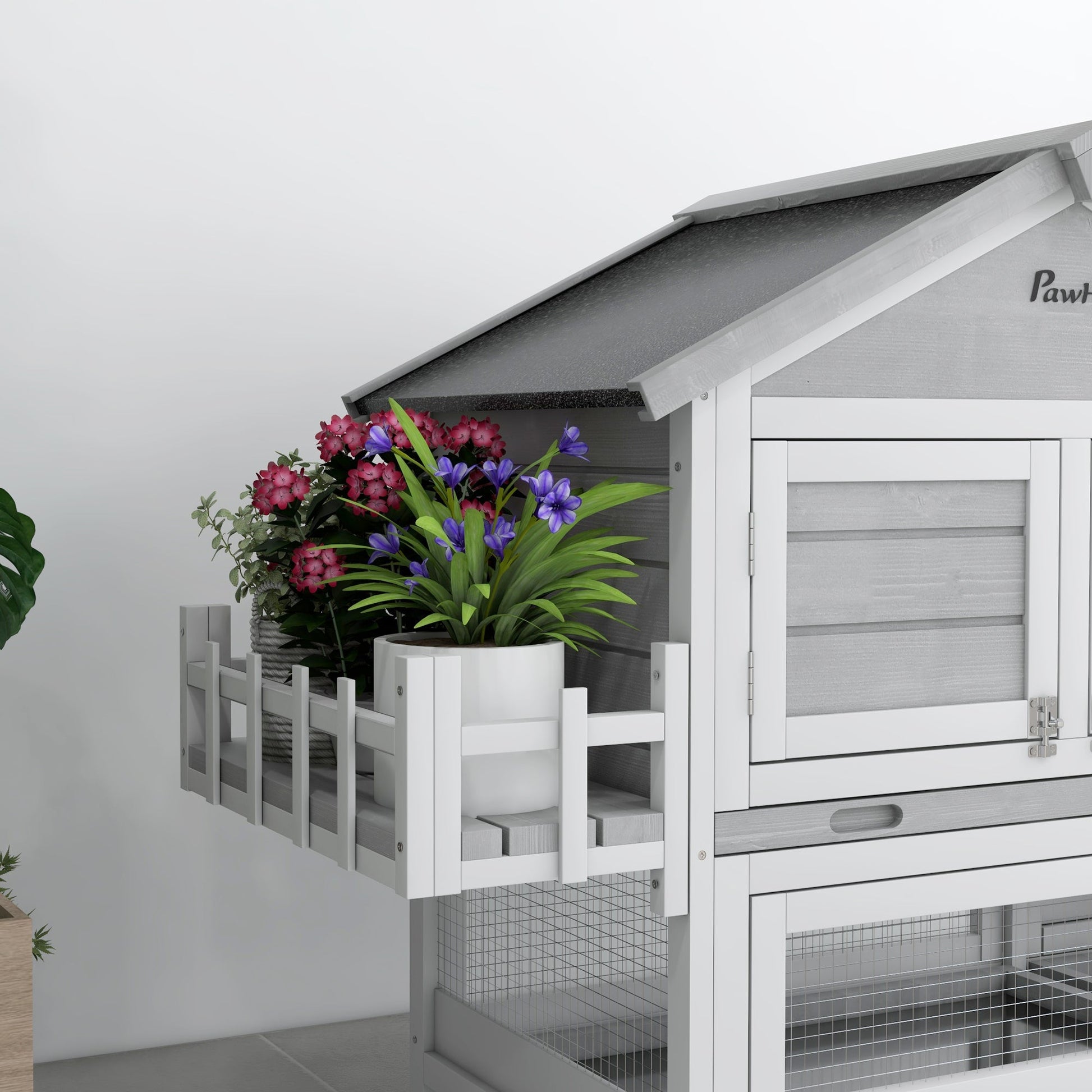 65" Wooden Rabbit Hutch, Pet Playpen with Openable Roof, Bunny House Enclosure with Storage Box, Slide-out Tray, Ramp, for Rabbits and Small Animals, Grey