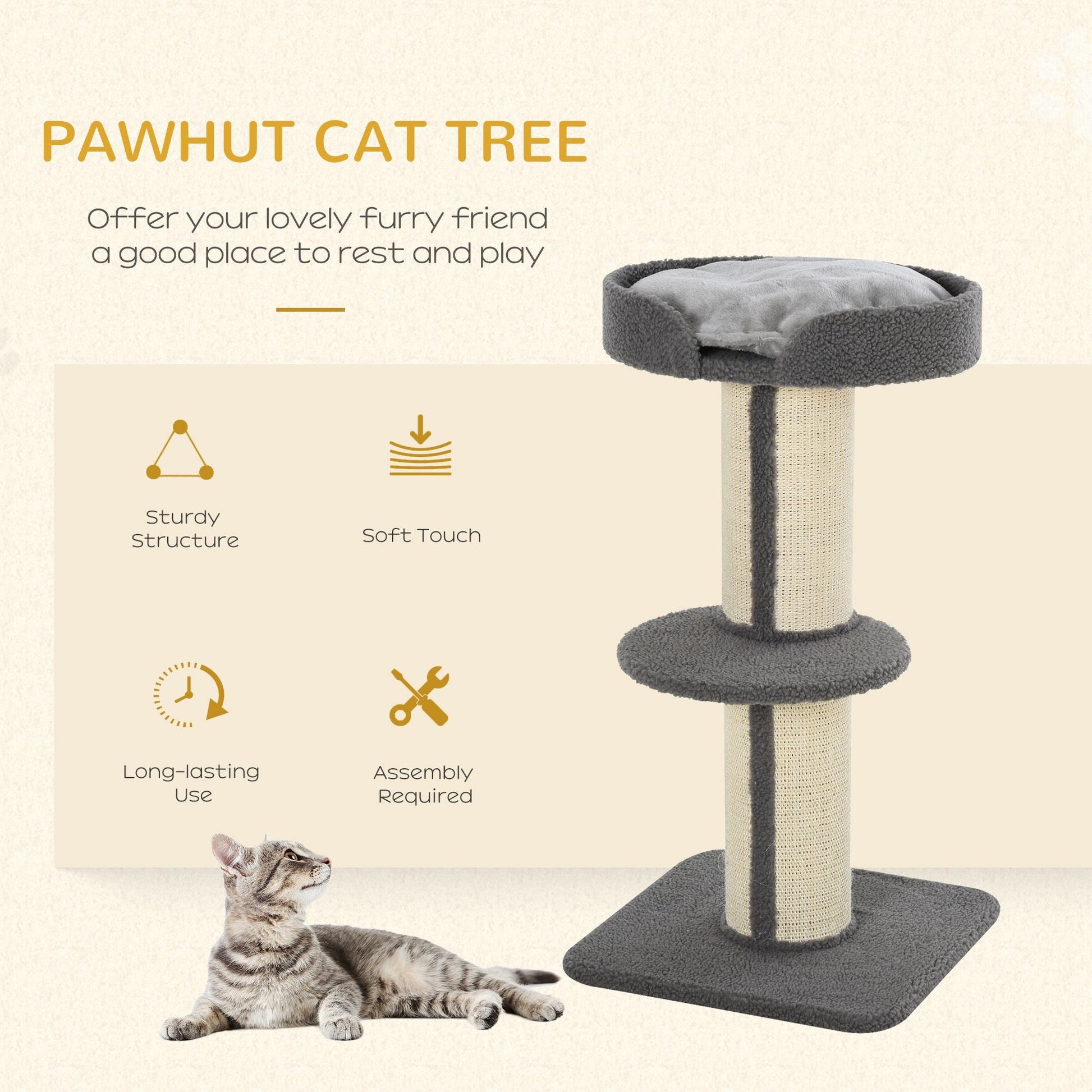 36"H Large Cat Scratching Post for Indoor Cats, Bold Cat Tree Multi-Level Kitty Tower with Sisal Mat Scratch Rope, Cat Bed, Removable Cushion, Perch, Grey