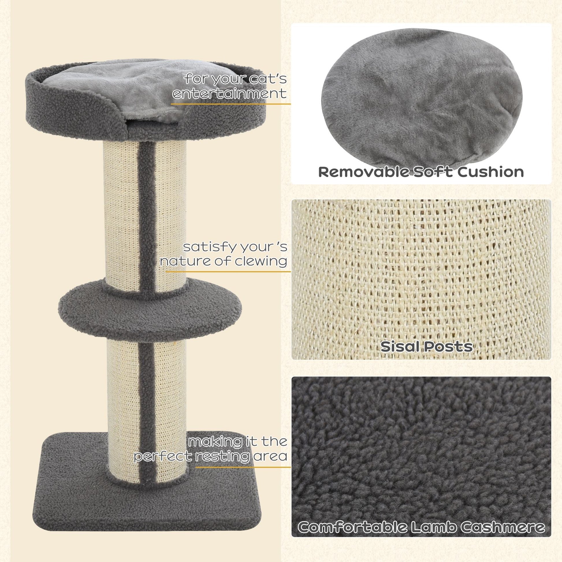 36"H Large Cat Scratching Post for Indoor Cats, Bold Cat Tree Multi-Level Kitty Tower with Sisal Mat Scratch Rope, Cat Bed, Removable Cushion, Perch, Grey