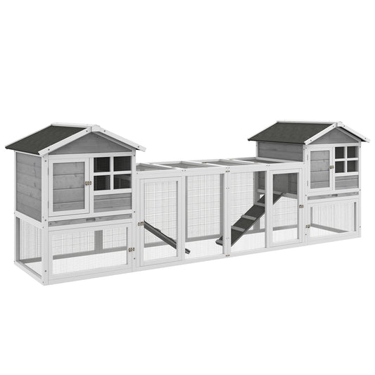 102" 2 in 1 Wooden Rabbit Hutch Chicken Coop with Double Main House, Large Bunny House Pet Playpen Enclosure for Indoor Outdoor with Run Box, Slide-Out Tray, Ramp, for Small Animals, Grey