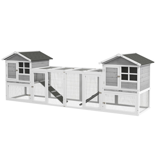 102" 2 in 1 Wooden Rabbit Hutch Chicken Coop with Double Main House, Large Bunny House Pet Playpen Enclosure for Indoor Outdoor with Run Box, Slide-Out Tray, Ramp, for Small Animals, Grey
