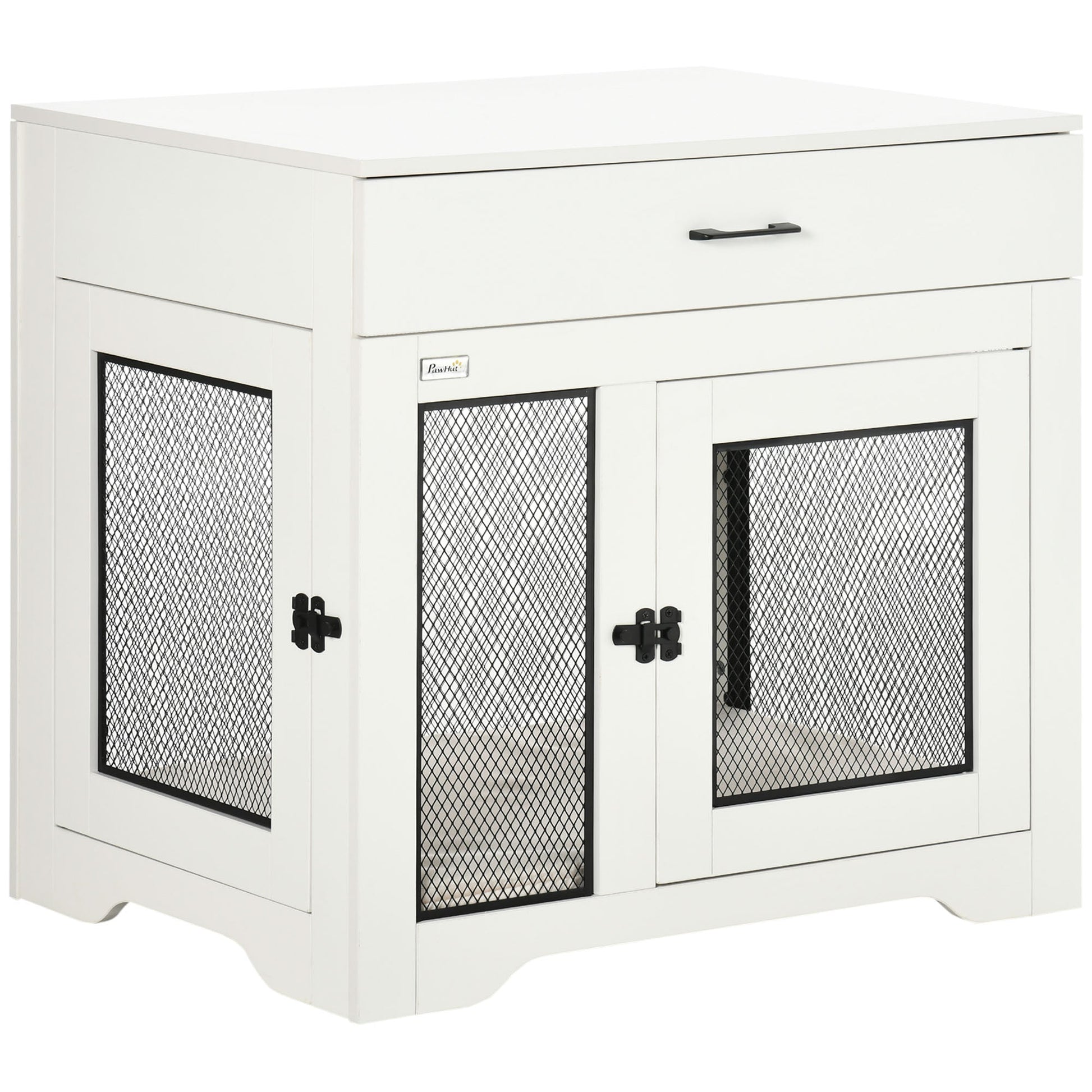 32in Dog Crate Furniture with Cushion, Indoor Pet Kennel End Table with Storage, 2 Doors, for Small Medium Dogs, White