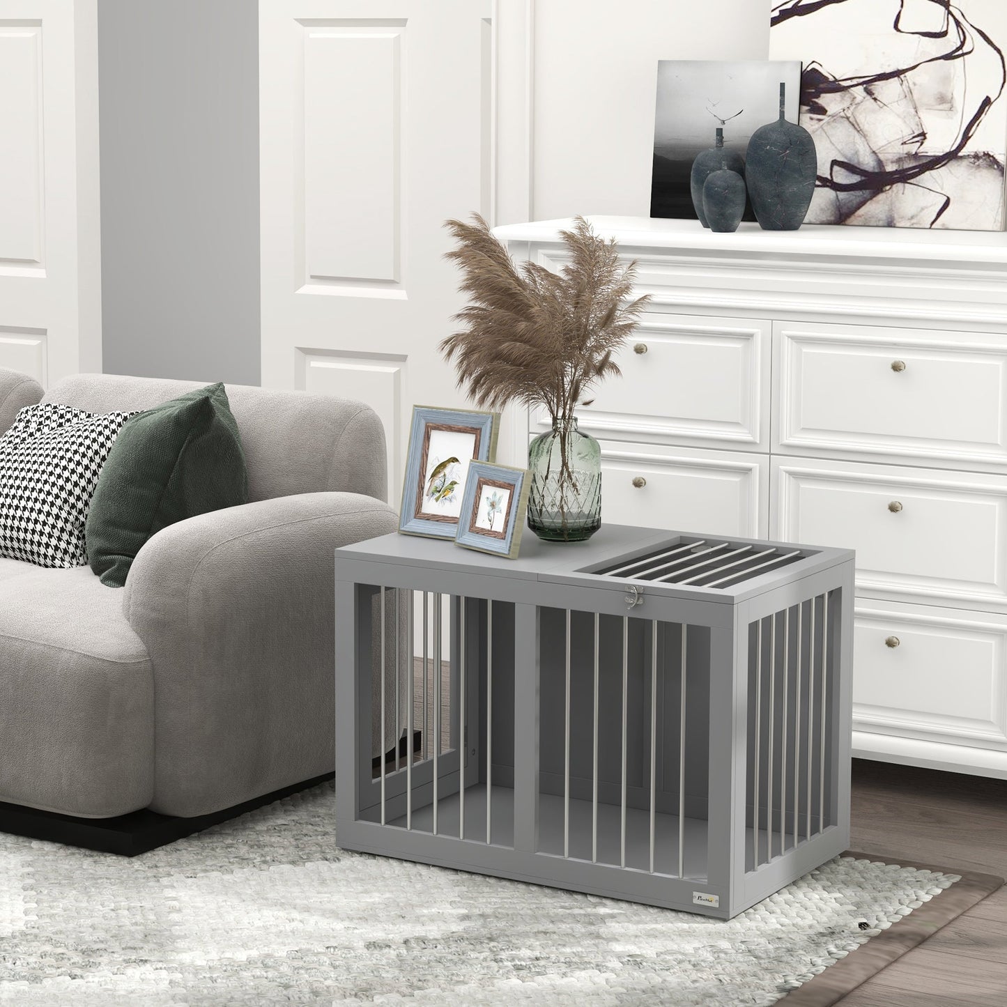 Dog Crate Furniture, 31.5" Dog Kennel Furniture Side End Table with Double Doors, for Medium Dogs, Grey