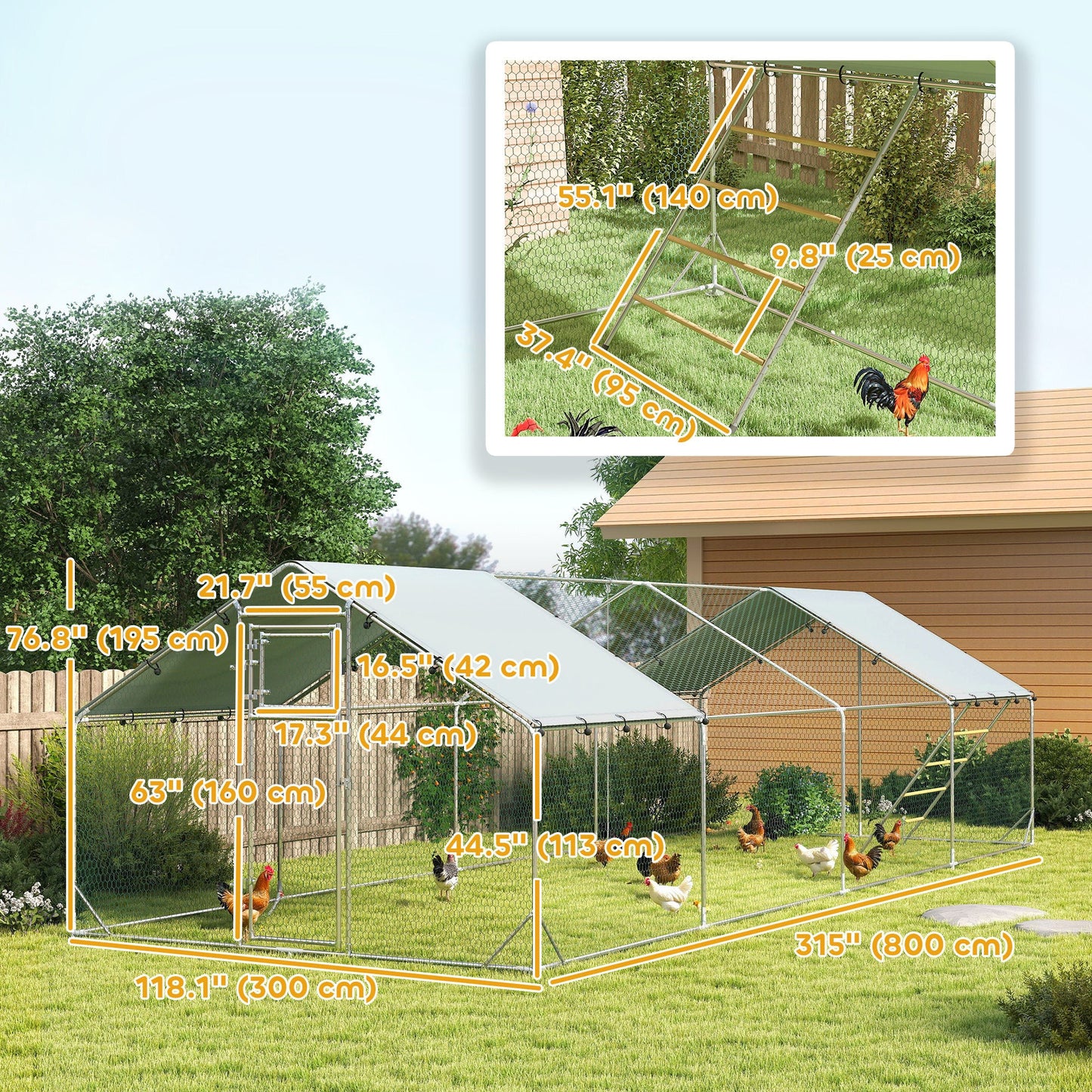Chicken Run, Large Metal Chicken Coop with Feeding Door, Waterproof & UV-Resistant Cover, Hanging Feeder, Perch, Poultry Cage for Outdoor, Backyard, Farm, for 24-30 Chickens