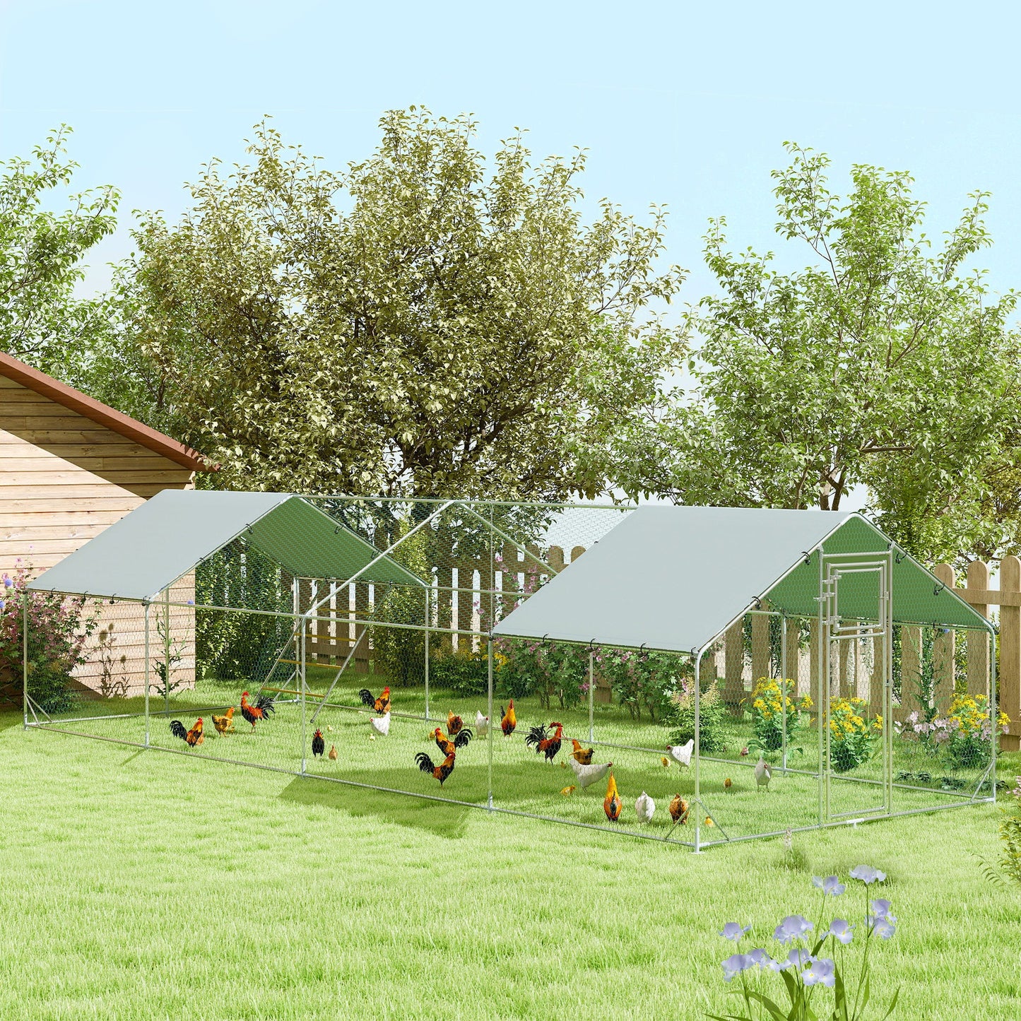Chicken Run, Large Metal Chicken Coop with Feeding Door, Waterproof & UV-Resistant Cover, Hanging Feeder, Perch, Poultry Cage for Outdoor, Backyard, Farm, for 24-30 Chickens