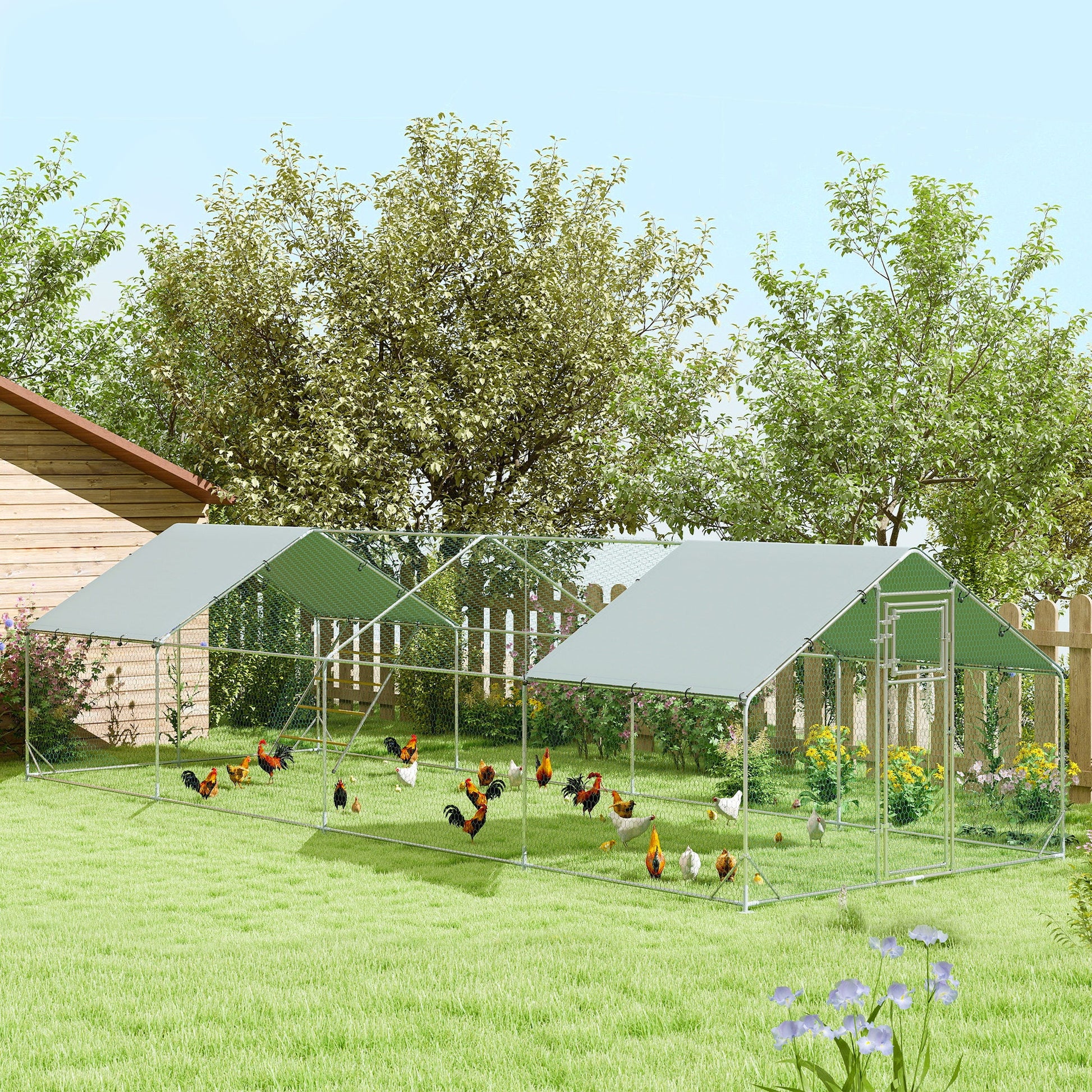 Chicken Run, Large Metal Chicken Coop with Feeding Door, Waterproof & UV-Resistant Cover, Hanging Feeder, Perch, Poultry Cage for Outdoor, Backyard, Farm, for 24-30 Chickens