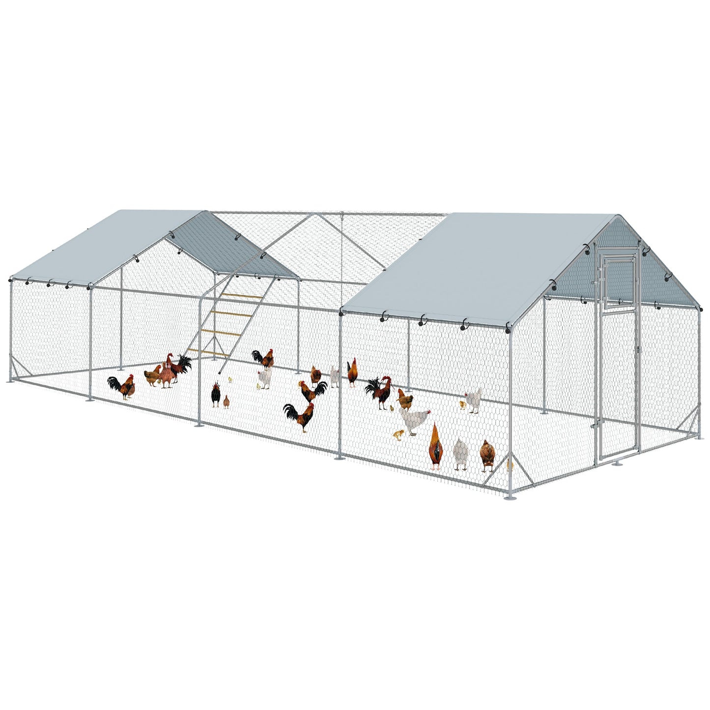 Chicken Run, Large Metal Chicken Coop with Feeding Door, Waterproof & UV-Resistant Cover, Hanging Feeder, Perch, Poultry Cage for Outdoor, Backyard, Farm, for 24-30 Chickens