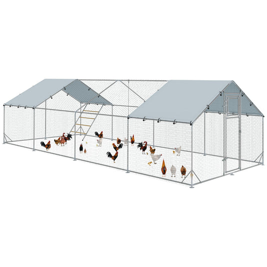 Chicken Run, Large Metal Chicken Coop with Feeding Door, Waterproof & UV-Resistant Cover, Hanging Feeder, Perch, Poultry Cage for Outdoor, Backyard, Farm, for 24-30 Chickens