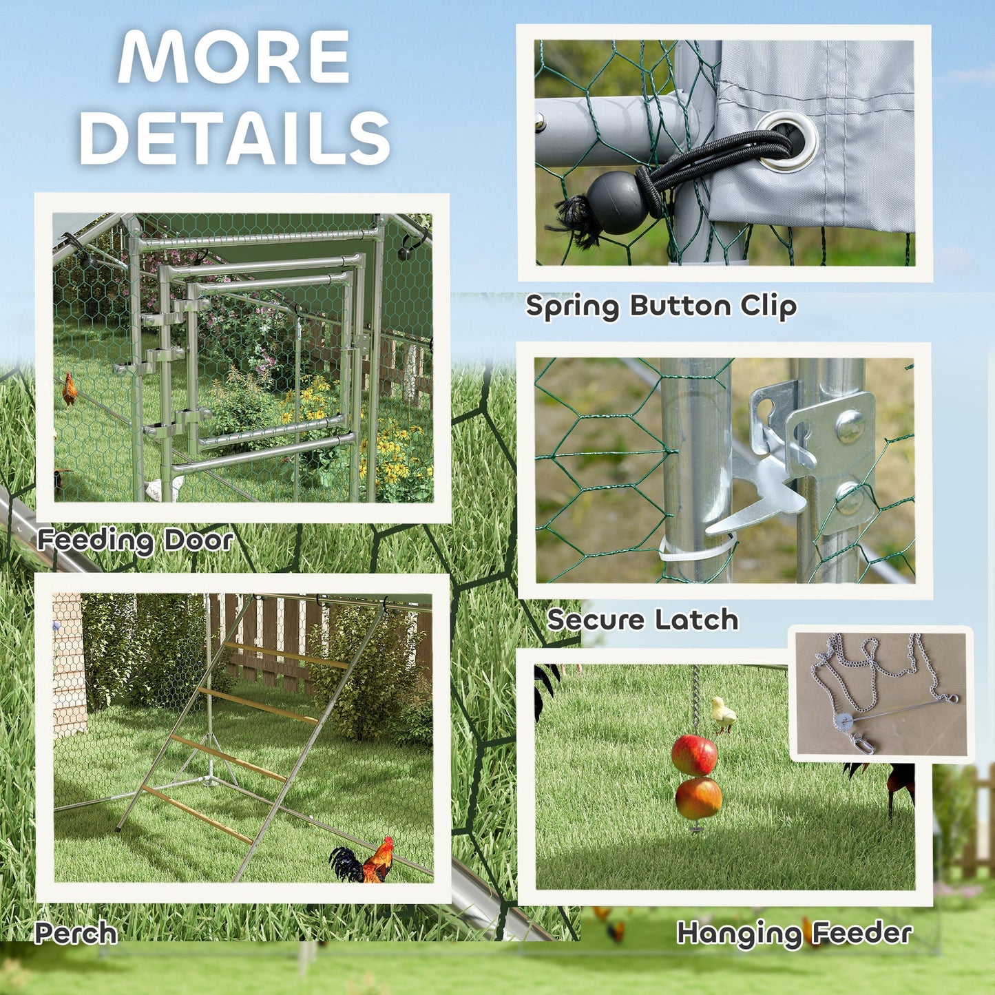 Chicken Run, Large Metal Chicken Coop with Feeding Door, Waterproof & UV-Resistant Cover, Hanging Feeder, Perch, Poultry Cage for Outdoor, Backyard, Farm, for 24-30 Chickens