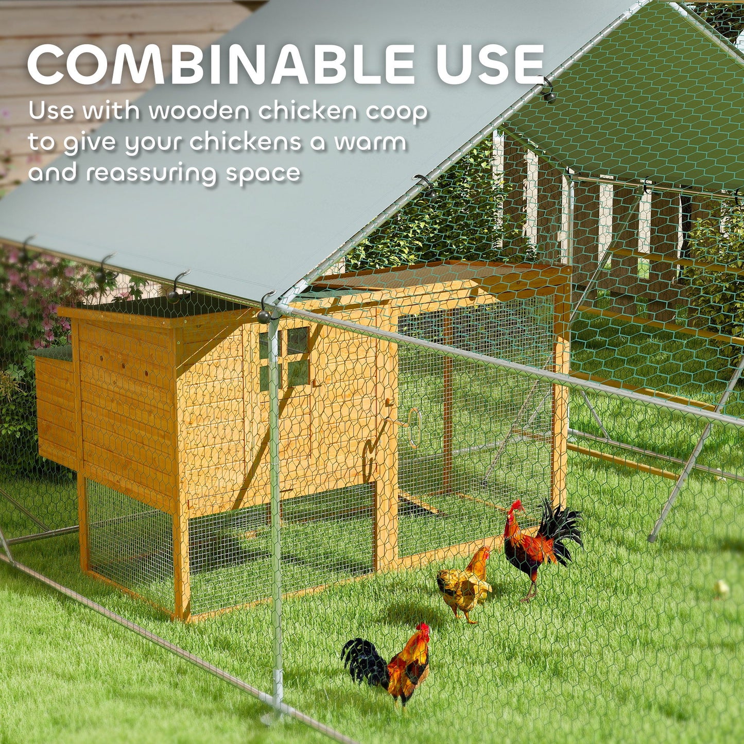 Chicken Run, Large Metal Chicken Coop with Feeding Door, Waterproof & UV-Resistant Cover, Hanging Feeder, Perch, Poultry Cage for Outdoor, Backyard, Farm, for 24-30 Chickens