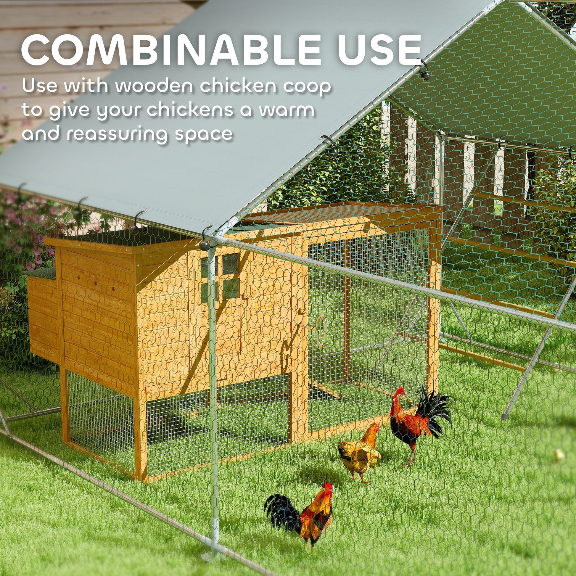 Chicken Run, Large Metal Chicken Coop with Feeding Door, Waterproof & UV-Resistant Cover, Hanging Feeder, Perch, Poultry Cage for Outdoor, Backyard, Farm, for 24-30 Chickens