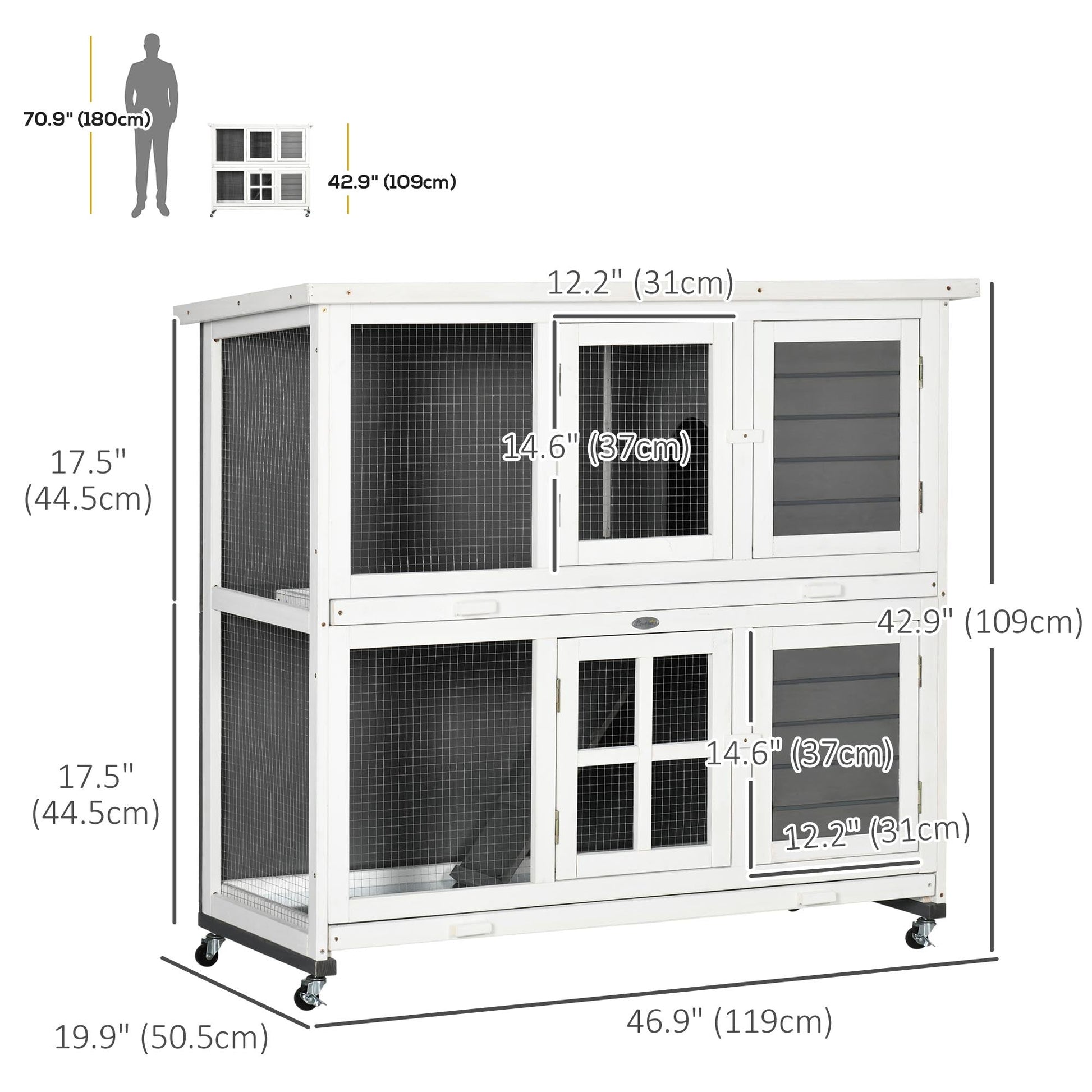 Wooden Rabbit Hutch, 2 Tier Bunny Cage with Wheels, Waterproof Roof, Removable Tray, Guinea Pig Cage for Outdoor & Indoor, Dark Grey