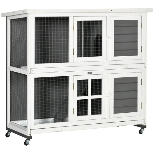 Wooden Rabbit Hutch, 2 Tier Bunny Cage with Wheels, Waterproof Roof, Removable Tray, Guinea Pig Cage for Outdoor & Indoor, Dark Grey