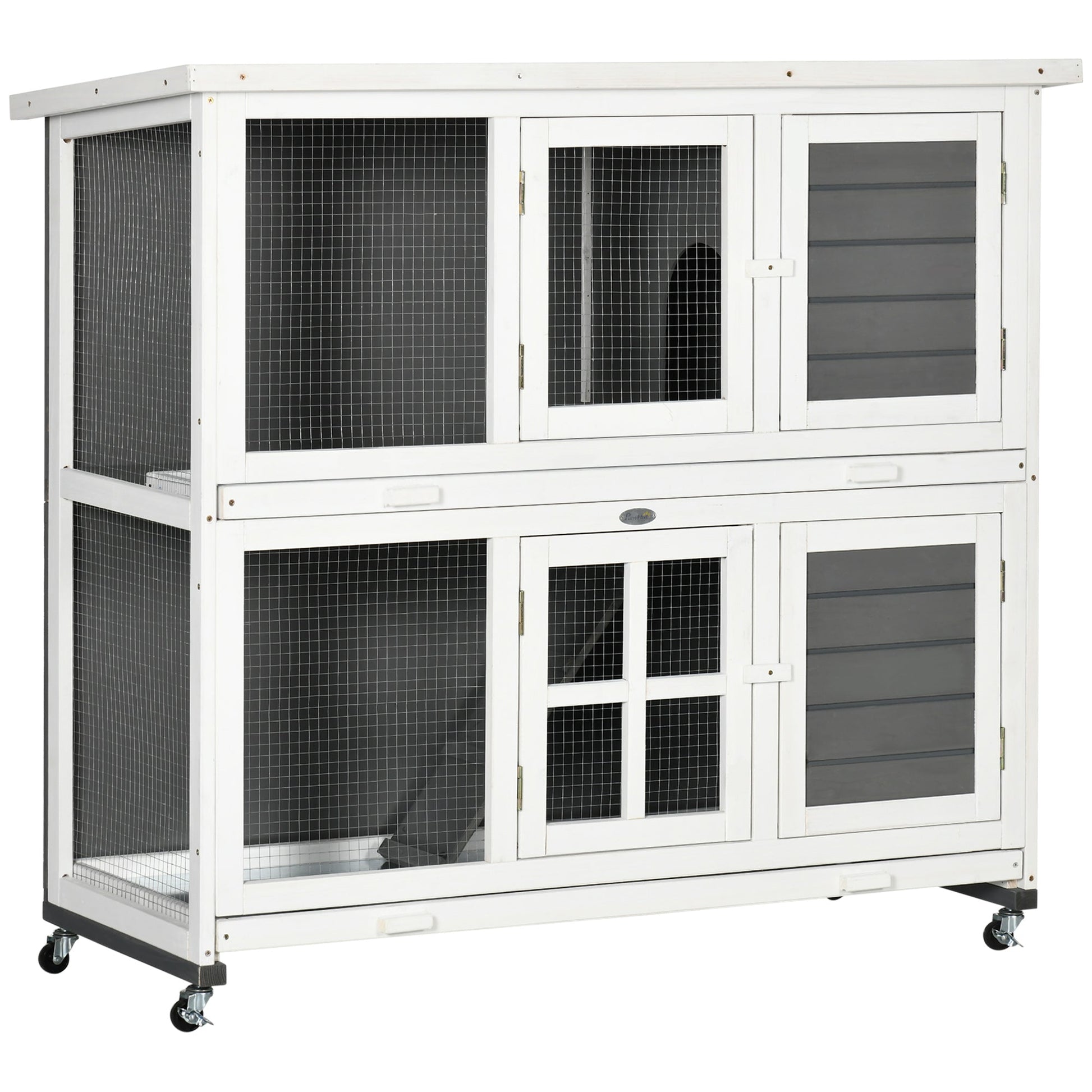 Wooden Rabbit Hutch, 2 Tier Bunny Cage with Wheels, Waterproof Roof, Removable Tray, Guinea Pig Cage for Outdoor & Indoor, Dark Grey