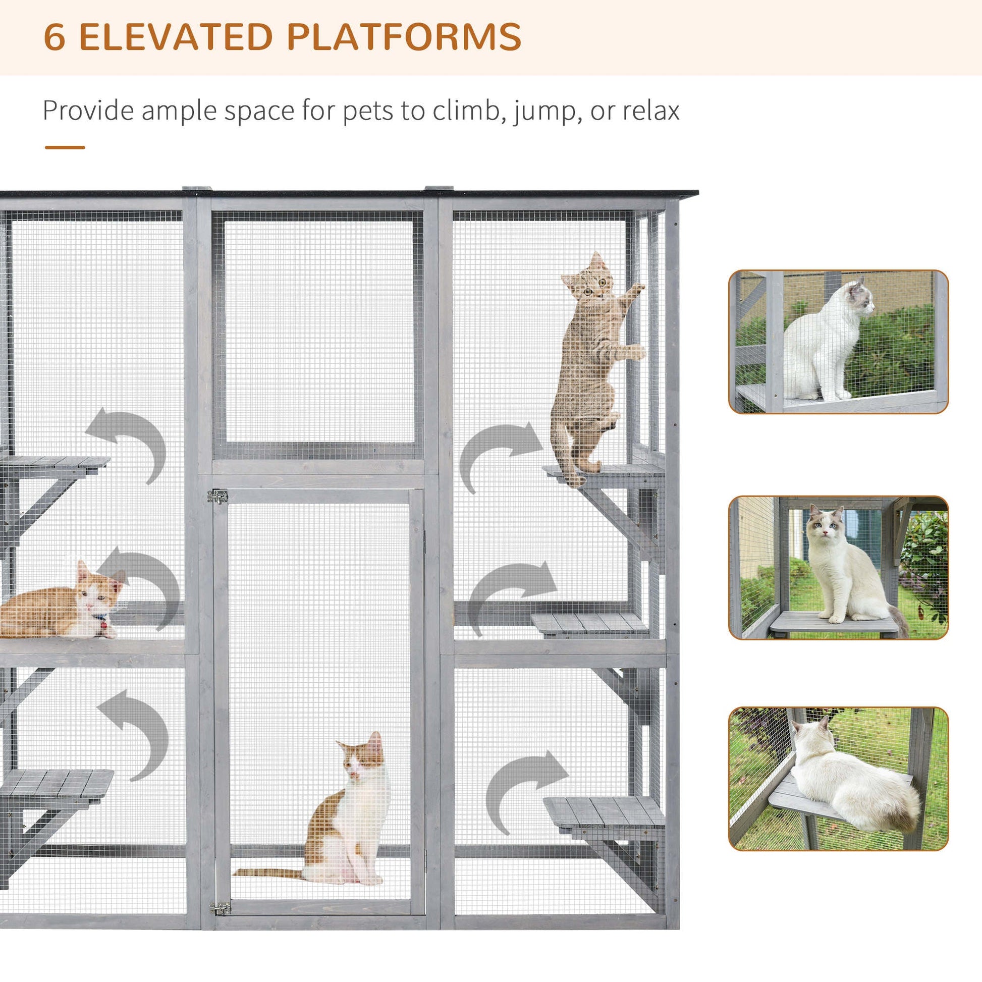 Large Outdoor Catio Enclosure, Weatherproof Cat House with Asphalt Roof,  Wooden Cat Patio Cage with 6 Balanced Platforms, 71" x 39" x 71", Grey