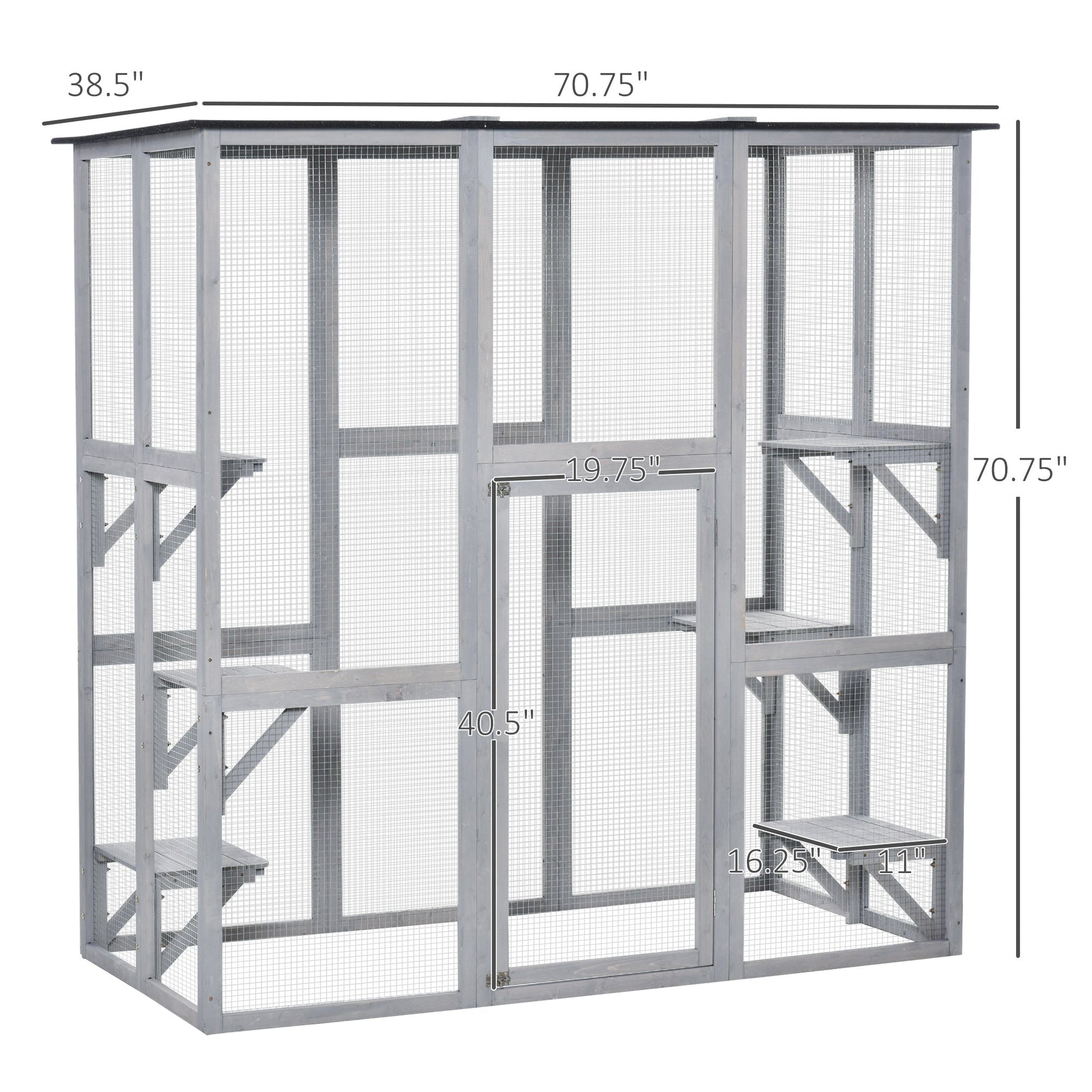 Large Outdoor Catio Enclosure, Weatherproof Cat House with Asphalt Roof,  Wooden Cat Patio Cage with 6 Balanced Platforms, 71" x 39" x 71", Grey