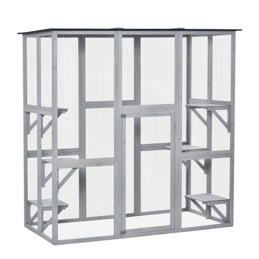 Large Outdoor Catio Enclosure, Weatherproof Cat House with Asphalt Roof,  Wooden Cat Patio Cage with 6 Balanced Platforms, 71" x 39" x 71", Grey