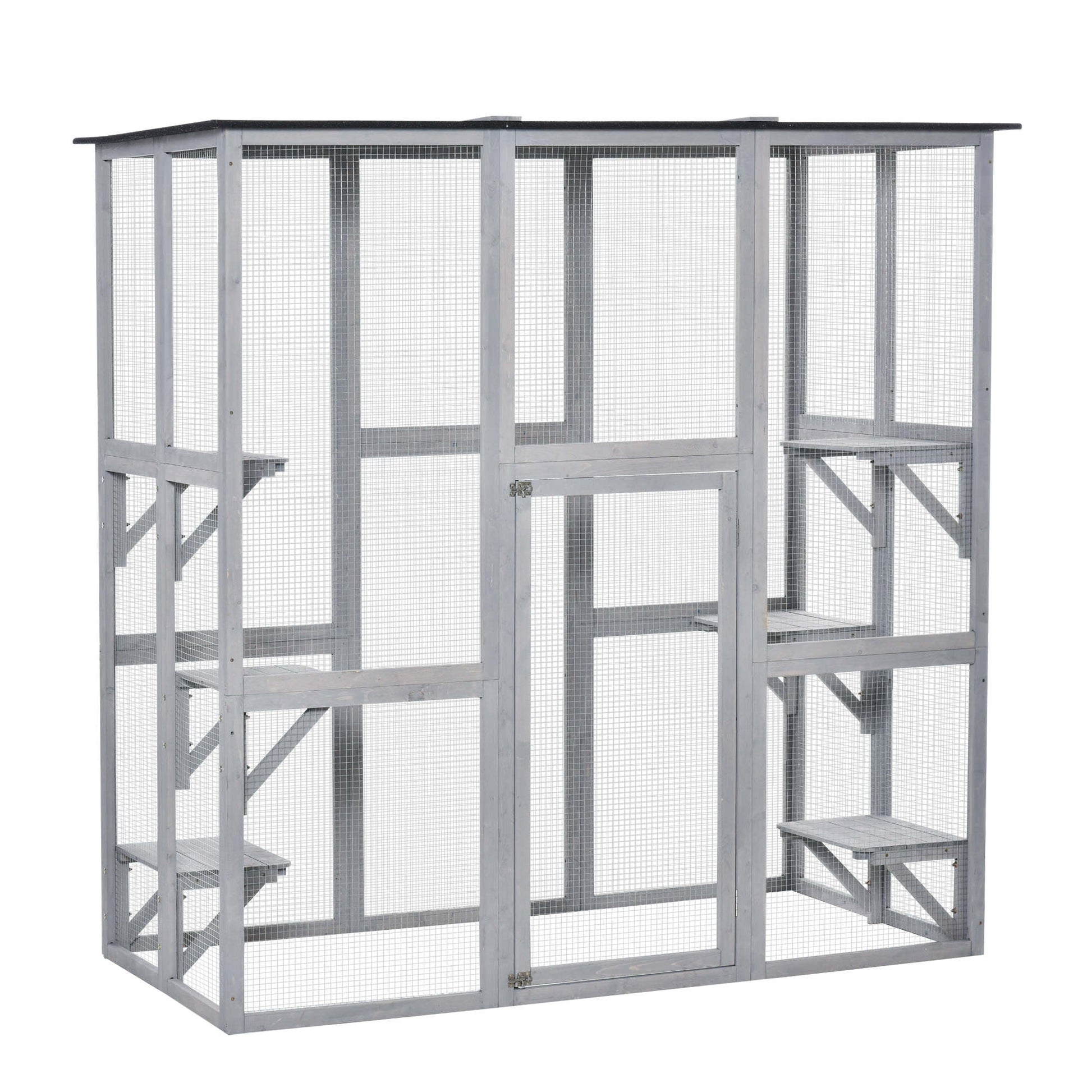 Large Outdoor Catio Enclosure, Weatherproof Cat House with Asphalt Roof,  Wooden Cat Patio Cage with 6 Balanced Platforms, 71" x 39" x 71", Grey
