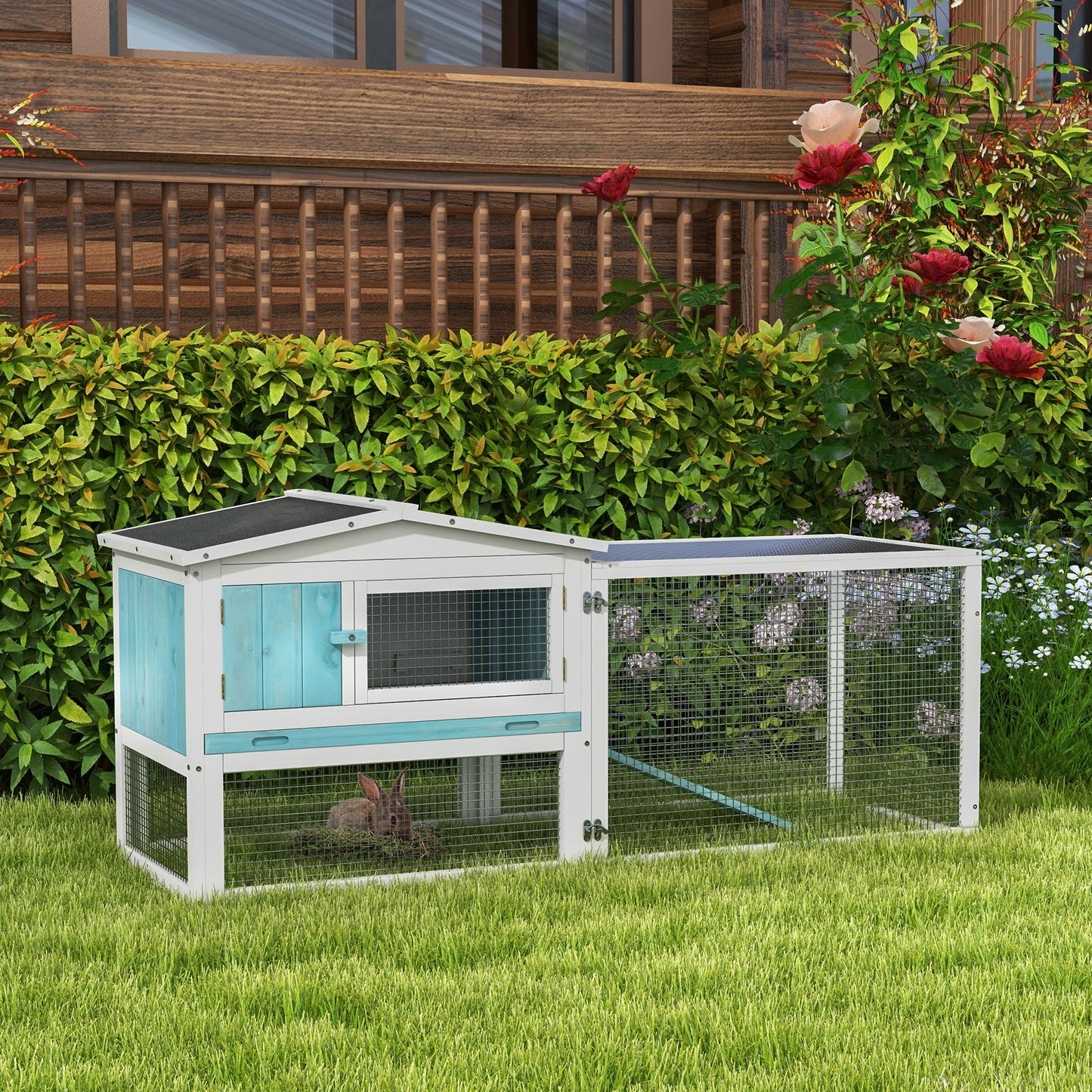 61'' L 2-Story Rabbit Hutch Bunny Cage Small Animal House with Pull Out Tray, Detachable Run, Ramp, for Indoor Outdoor, Light Blue