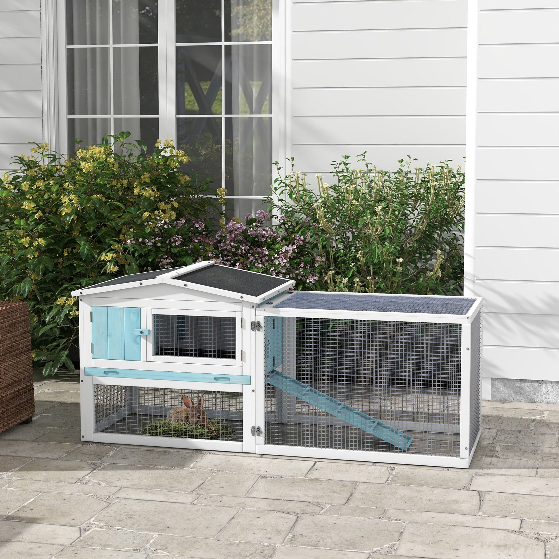 61'' L 2-Story Rabbit Hutch Bunny Cage Small Animal House with Pull Out Tray, Detachable Run, Ramp, for Indoor Outdoor, Light Blue