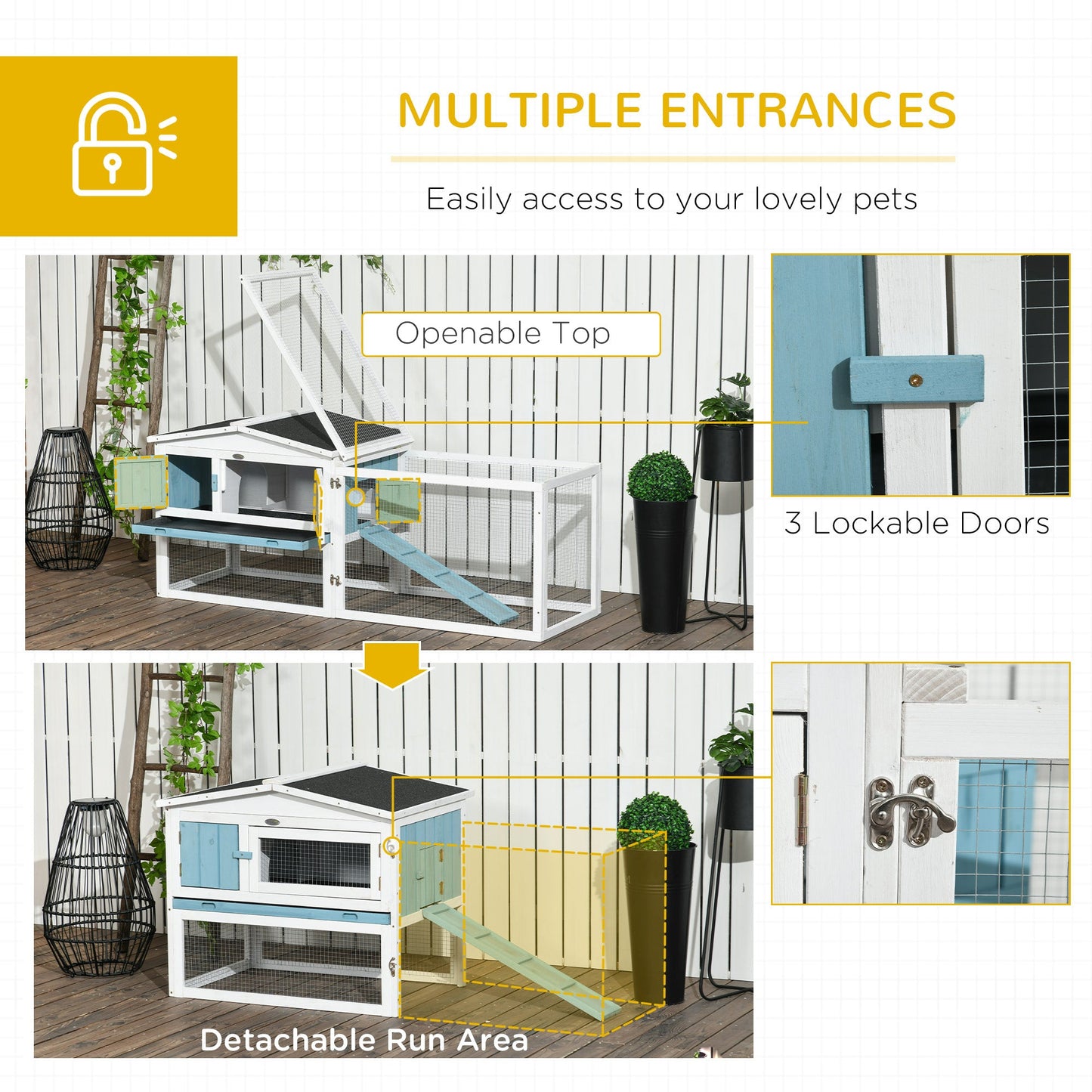 61'' L 2-Story Rabbit Hutch Bunny Cage Small Animal House with Pull Out Tray, Detachable Run, Ramp, for Indoor Outdoor, Light Blue