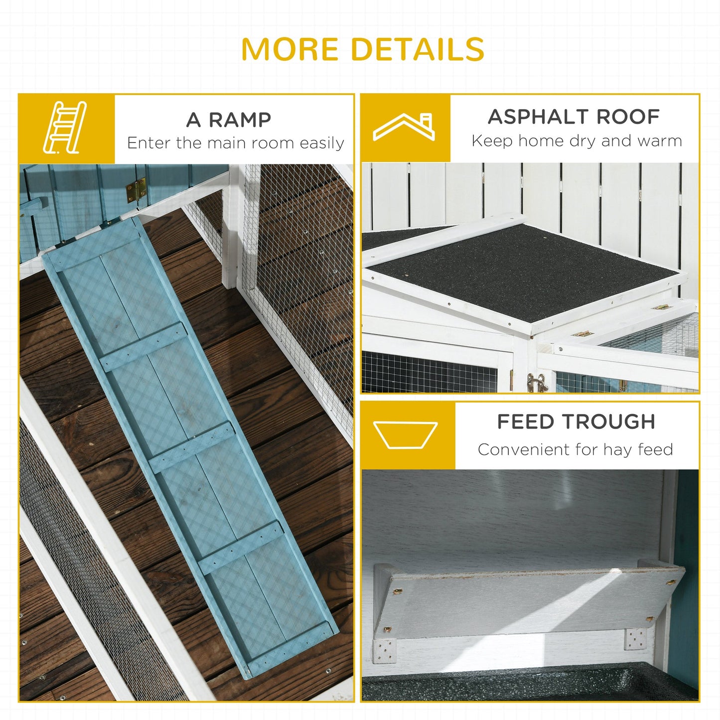 61'' L 2-Story Rabbit Hutch Bunny Cage Small Animal House with Pull Out Tray, Detachable Run, Ramp, for Indoor Outdoor, Light Blue