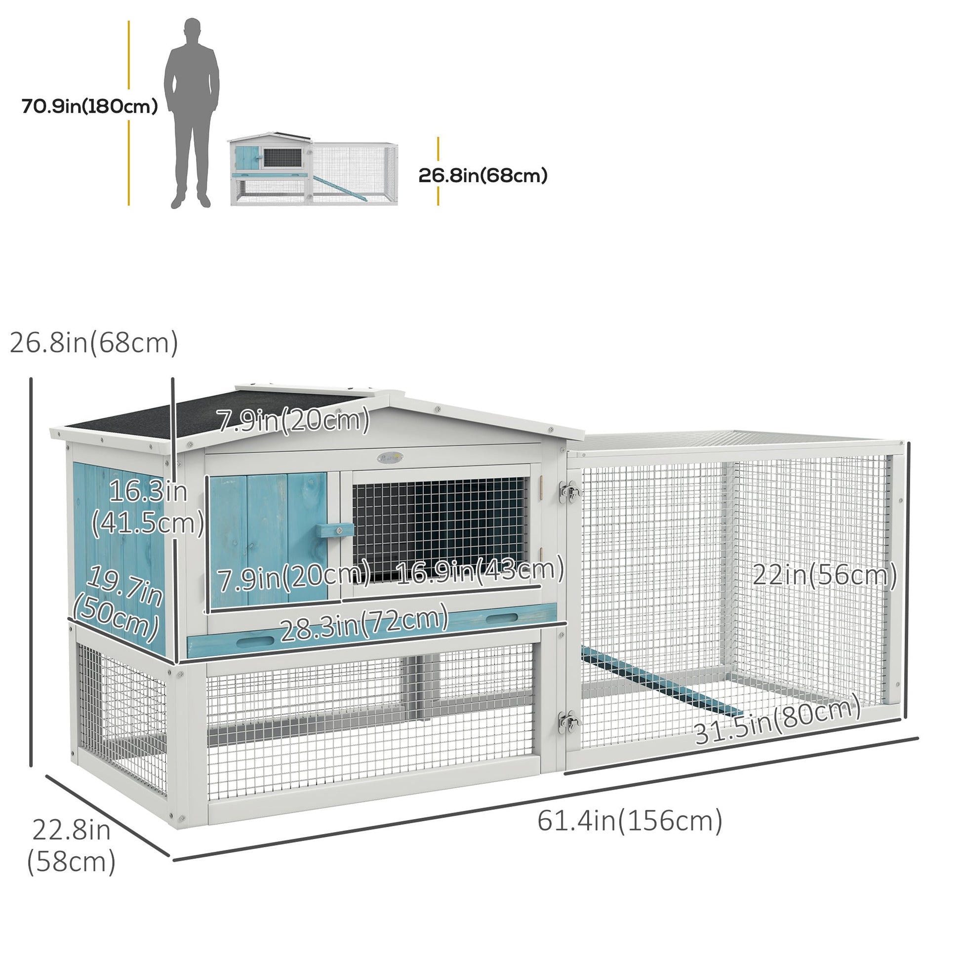 61'' L 2-Story Rabbit Hutch Bunny Cage Small Animal House with Pull Out Tray, Detachable Run, Ramp, for Indoor Outdoor, Light Blue