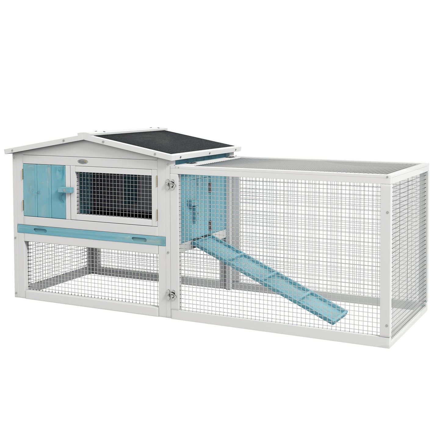 61'' L 2-Story Rabbit Hutch Bunny Cage Small Animal House with Pull Out Tray, Detachable Run, Ramp, for Indoor Outdoor, Light Blue