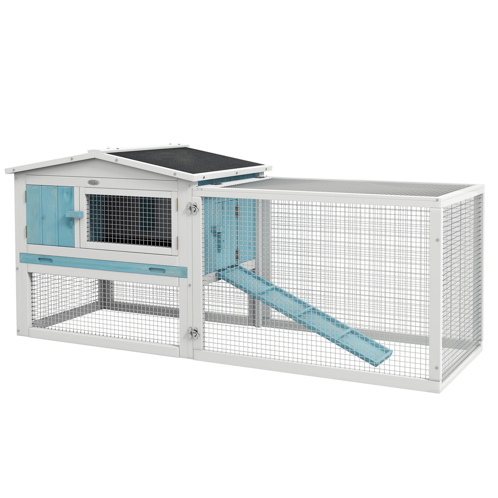 61'' L 2-Story Rabbit Hutch Bunny Cage Small Animal House with Pull Out Tray, Detachable Run, Ramp, for Indoor Outdoor, Light Blue