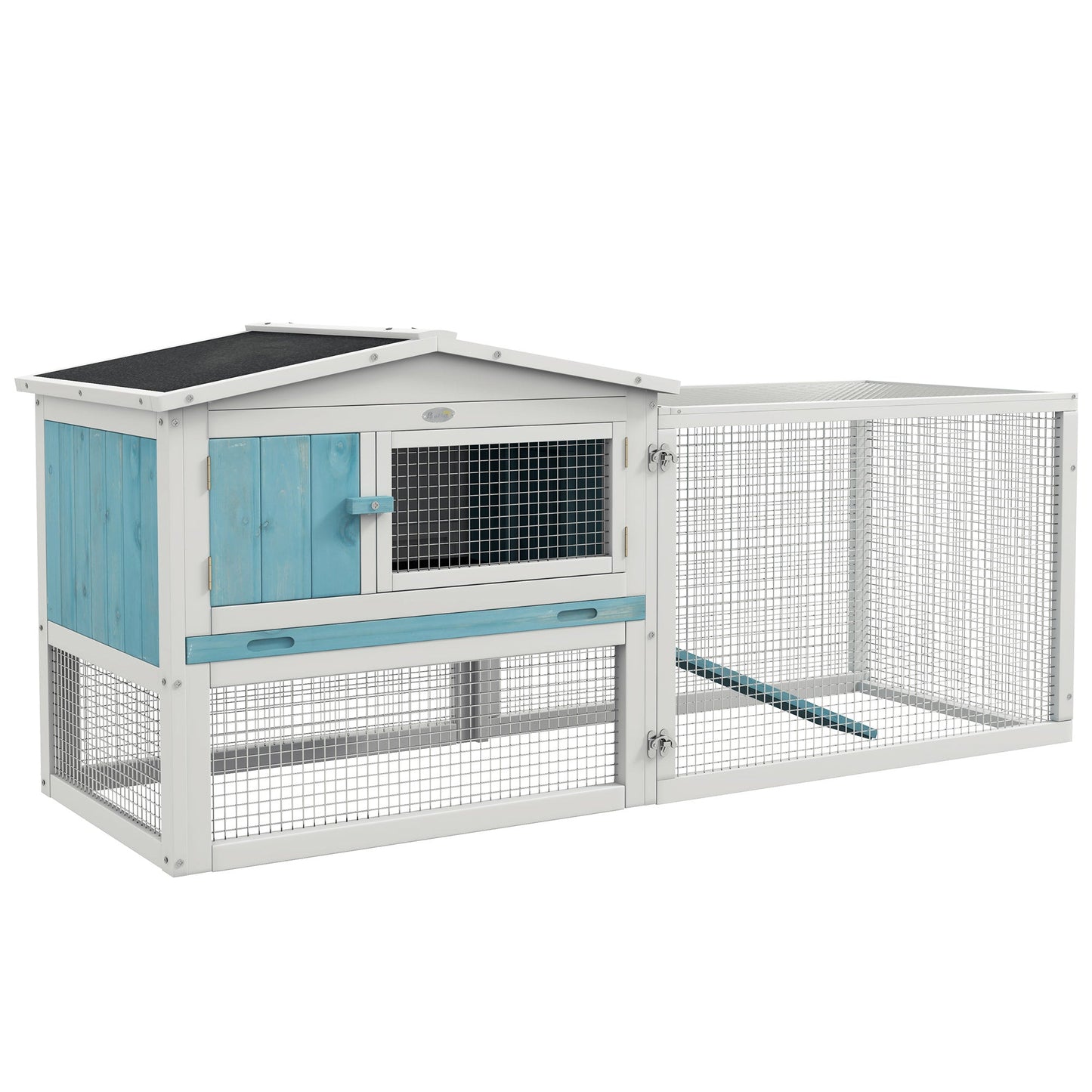 61'' L 2-Story Rabbit Hutch Bunny Cage Small Animal House with Pull Out Tray, Detachable Run, Ramp, for Indoor Outdoor, Light Blue