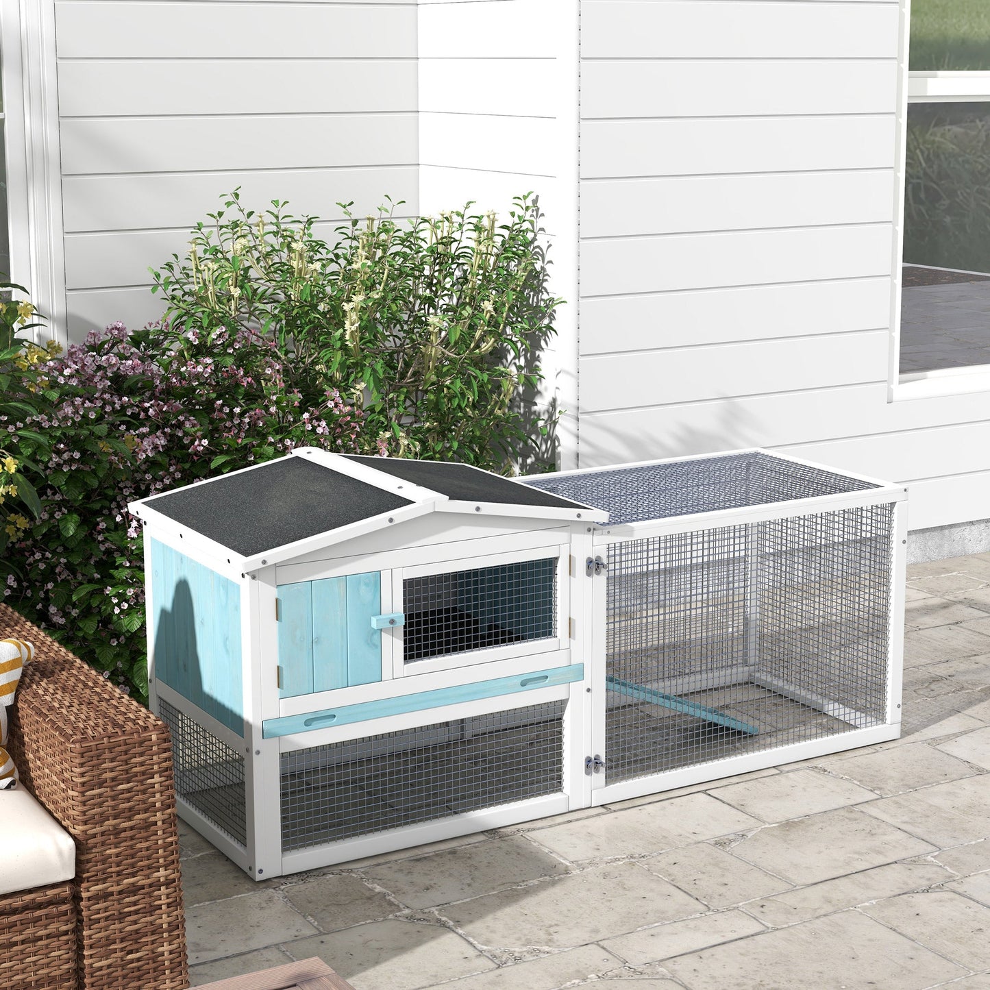 61'' L 2-Story Rabbit Hutch Bunny Cage Small Animal House with Pull Out Tray, Detachable Run, Ramp, for Indoor Outdoor, Light Blue