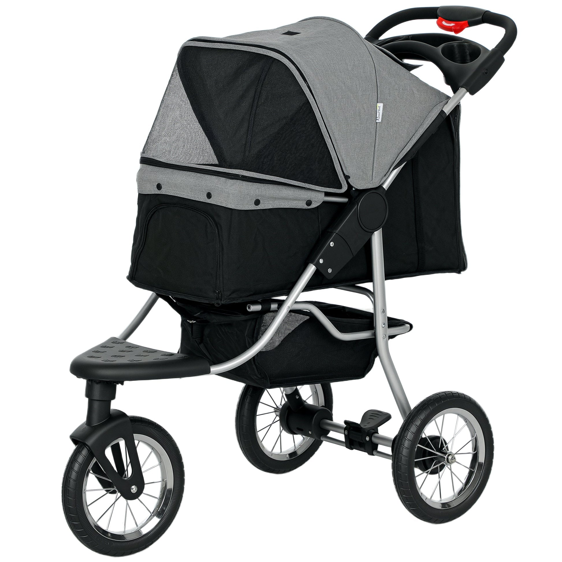 Luxury Pet Stroller Lightweight Dog Cat Travel Carriage with 3-Rubber Wheels, One-click Folding Design, Adjustable Canopy, Zippered Mesh Window Door, Grey