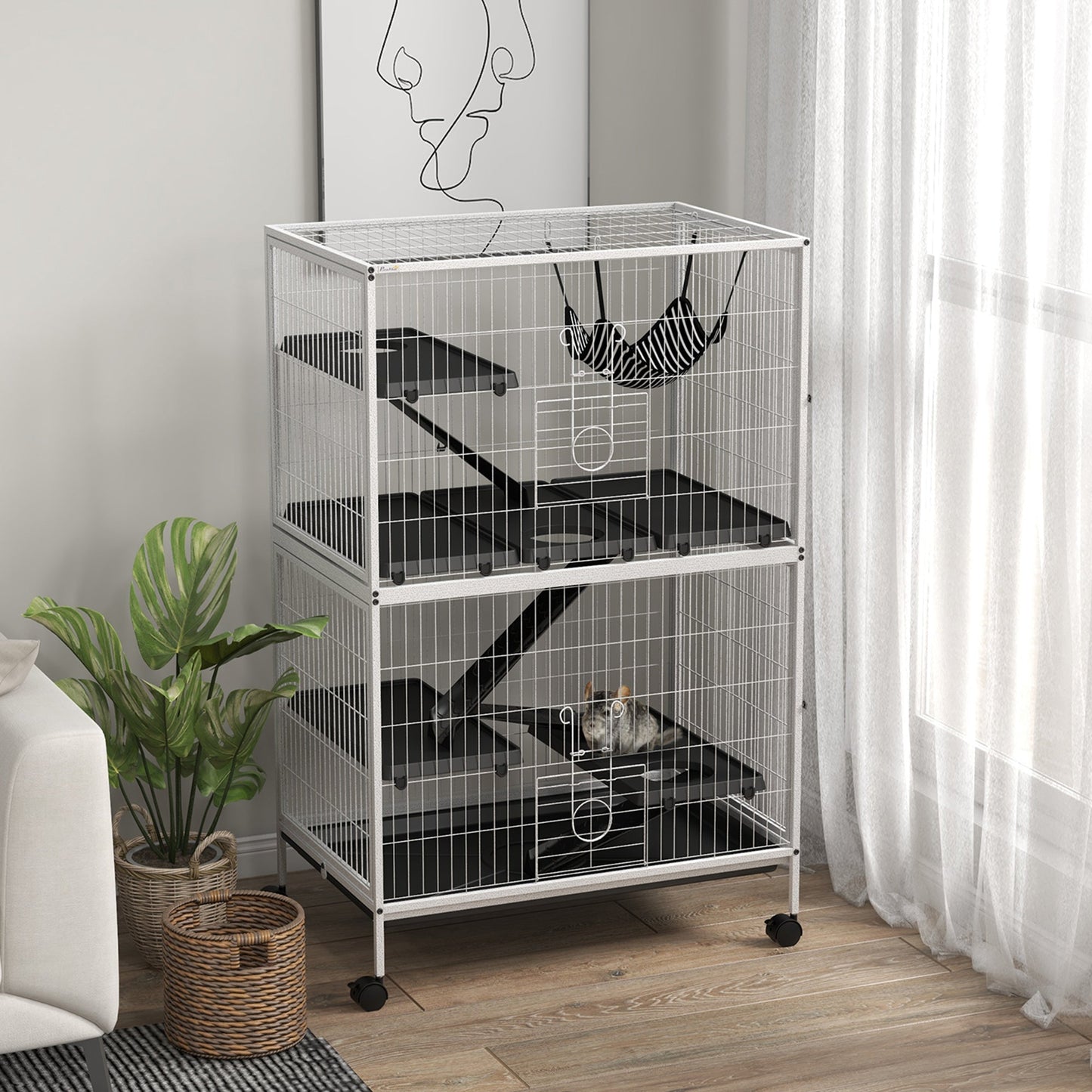 5-Tier Rolling Small Animal Cage, Deluxe Guinea Pig Cage, Ferret Cage for Mink Chinchilla Kitten Rabbit, Small Pet Play House with Hammock Platform, Ramp, Tray, Light Grey