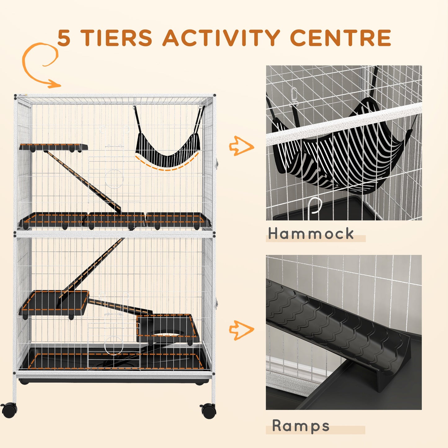 5-Tier Rolling Small Animal Cage, Deluxe Guinea Pig Cage, Ferret Cage for Mink Chinchilla Kitten Rabbit, Small Pet Play House with Hammock Platform, Ramp, Tray, Light Grey