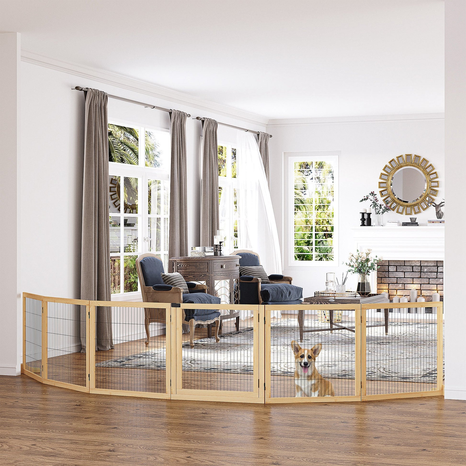 Wooden Pet Gate, Dog Safety Barrier, Freestanding Foldable Fence, w/ 6 Panels, 2 Support Feet, for House Doorway Stairs, Small & Medium Dogs, Natural Wood