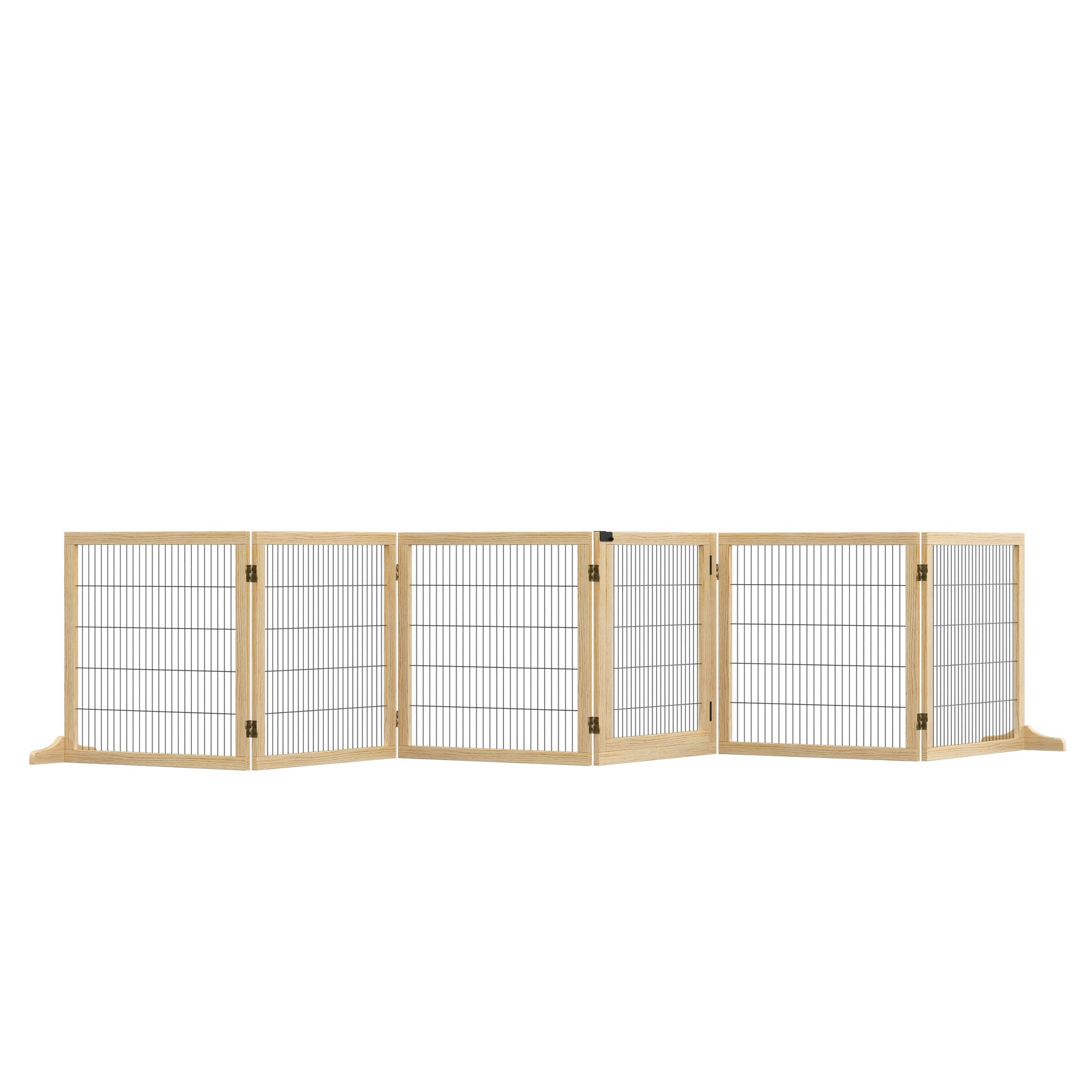 Wooden Pet Gate, Dog Safety Barrier, Freestanding Foldable Fence, w/ 6 Panels, 2 Support Feet, for House Doorway Stairs, Small & Medium Dogs, Natural Wood
