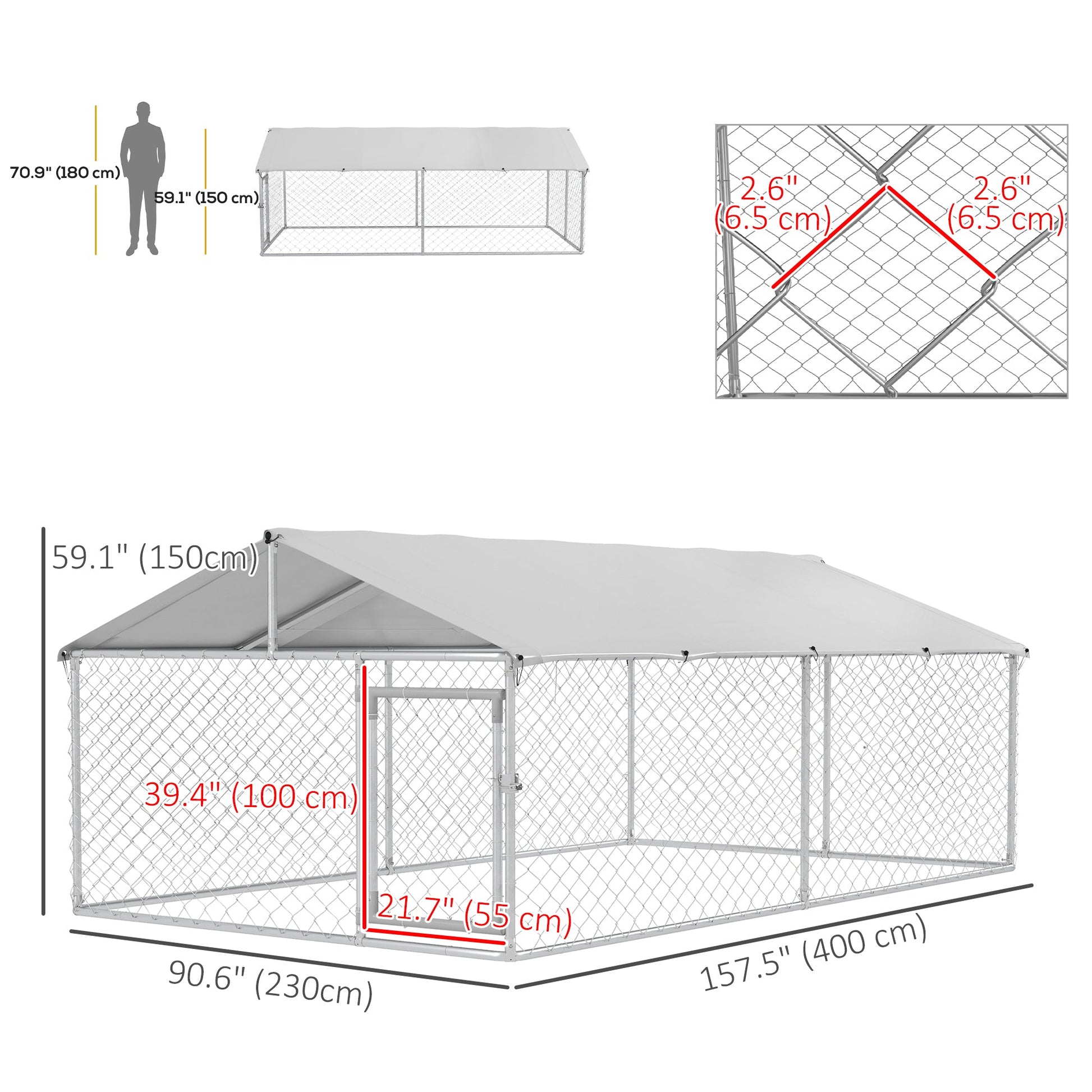 Outdoor Dog Kennel Dog Run with Waterproof, UV Resistant Cover for Medium and Large Sized Dogs, 13.1' x 7.5' x 4.9', Silver