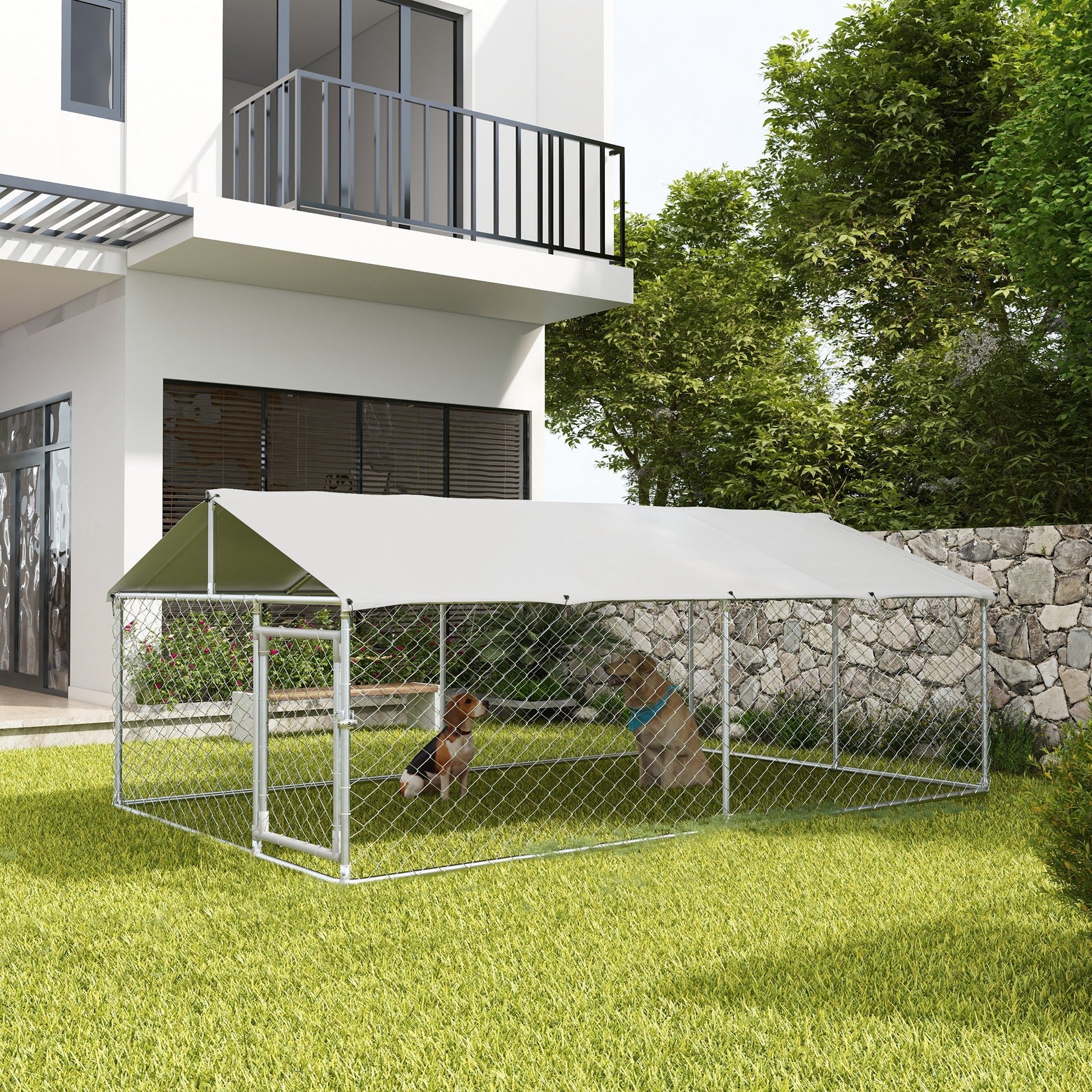 Outdoor Dog Kennel Dog Run with Waterproof, UV Resistant Cover for Medium and Large Sized Dogs, 13.1' x 7.5' x 4.9', Silver