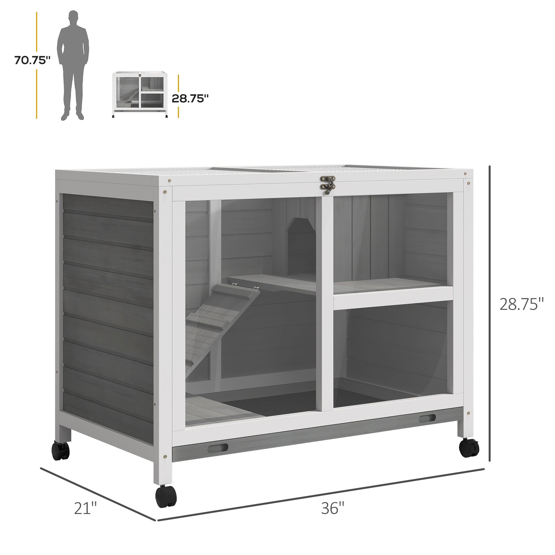 Indoor Rabbit Hutch with Wheels, Bunny Cage Guinea Pig House Small Animals Habitat W/ Top Access, Ramp, Pull Out Tray, Grey
