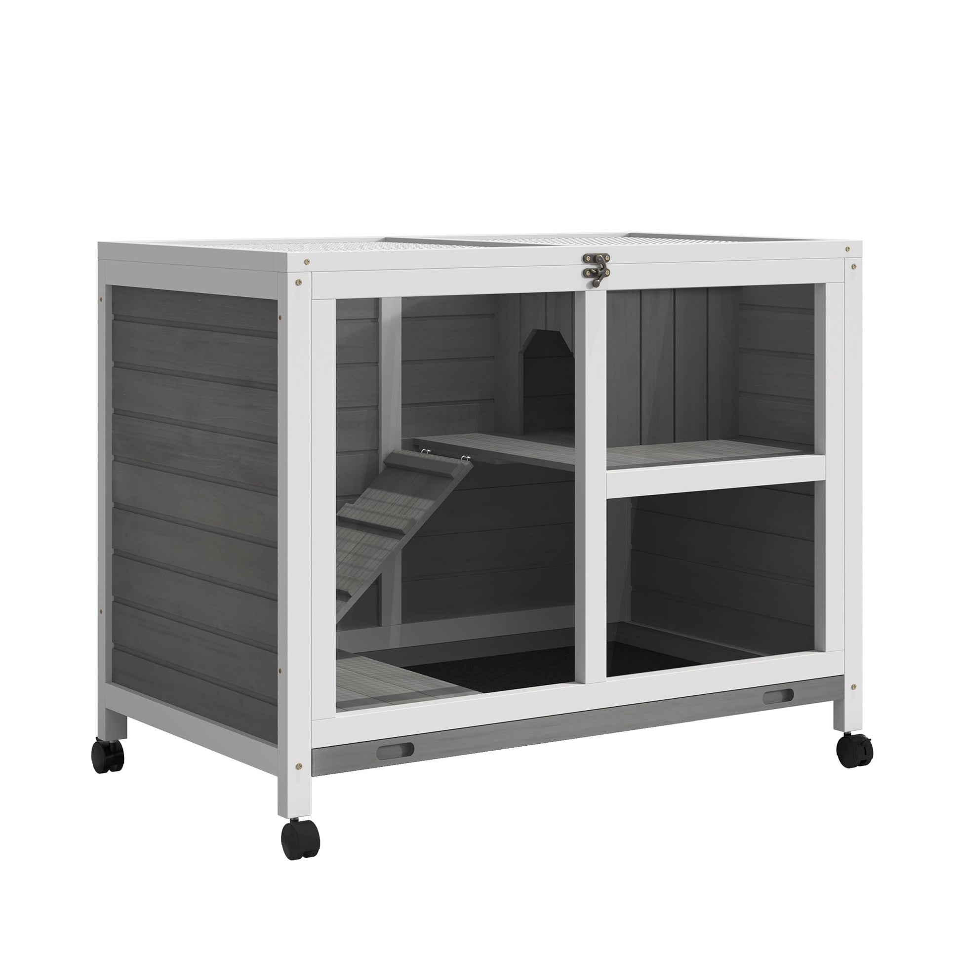 Indoor Rabbit Hutch with Wheels, Bunny Cage Guinea Pig House Small Animals Habitat W/ Top Access, Ramp, Pull Out Tray, Grey