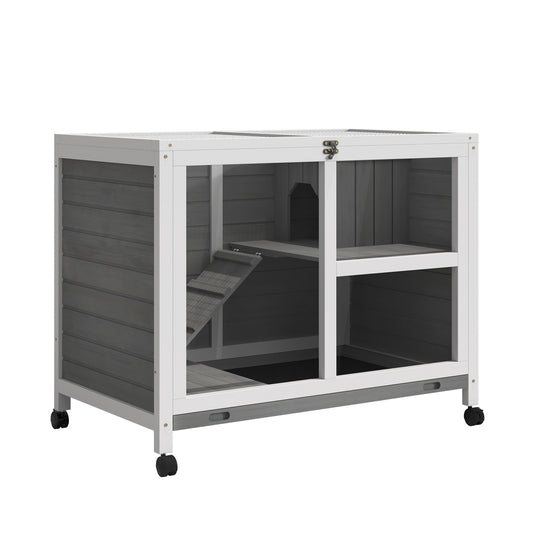 Indoor Rabbit Hutch with Wheels, Bunny Cage Guinea Pig House Small Animals Habitat W/ Top Access, Ramp, Pull Out Tray, Grey