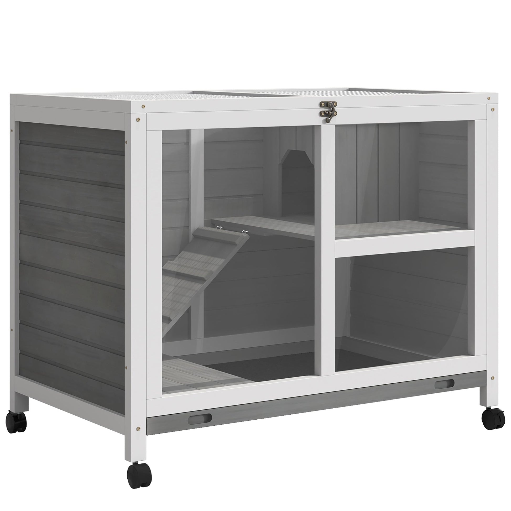 Indoor Rabbit Hutch with Wheels, Bunny Cage Guinea Pig House Small Animals Habitat W/ Top Access, Ramp, Pull Out Tray, Grey
