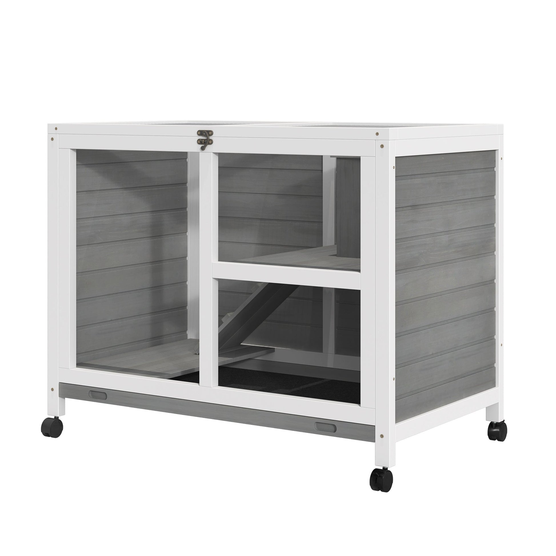 Indoor Rabbit Hutch with Wheels, Bunny Cage Guinea Pig House Small Animals Habitat W/ Top Access, Ramp, Pull Out Tray, Grey