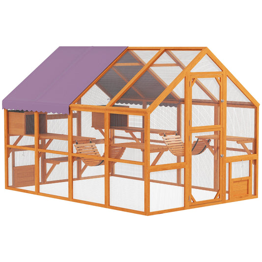 Catio Outdoor Cat Enclosure Wooden Feral House with Weatherproof Canopy, Bridges, Resting Boxes, Platforms, for 3-6 Cats, Orange