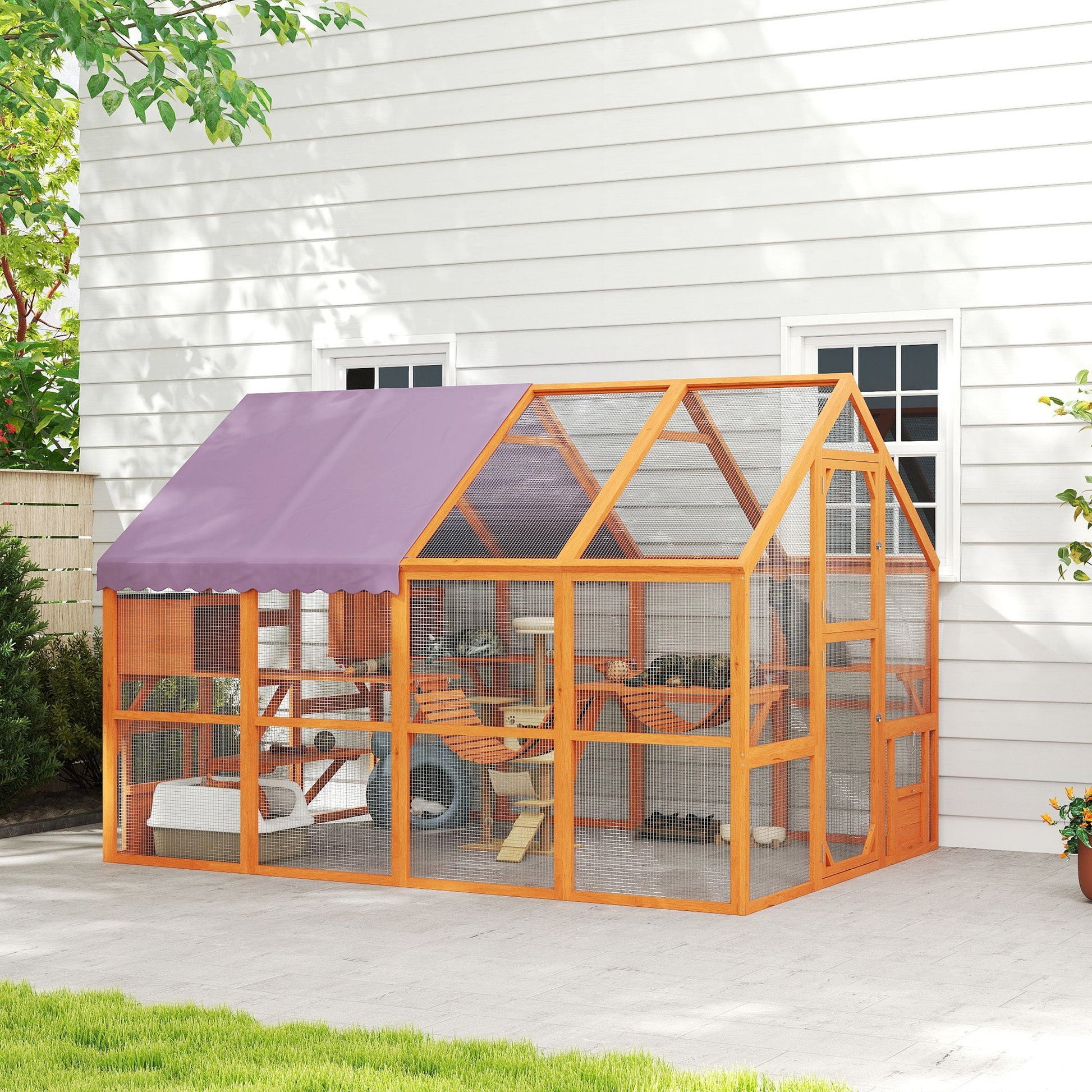 Catio Outdoor Cat Enclosure Wooden Feral House with Weatherproof Canopy, Bridges, Resting Boxes, Platforms, for 3-6 Cats, Orange