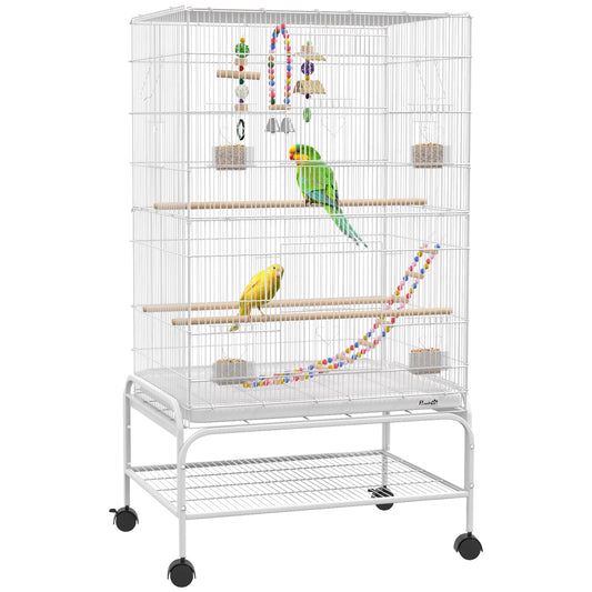 43" Bird Cage for Budgies Cockatiels Canaries Lovebirds Finches with Rolling Stand, Toys, Removable Tray, Storage Shelf, White