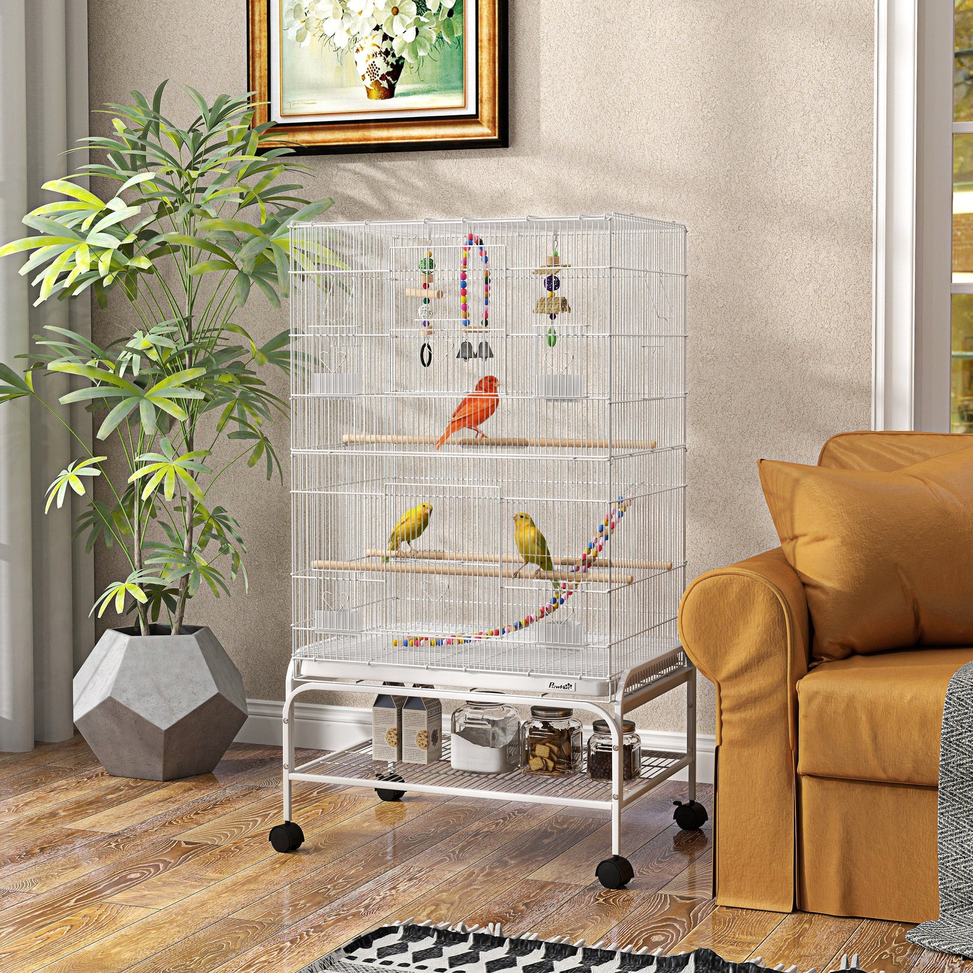 43" Bird Cage for Budgies Cockatiels Canaries Lovebirds Finches with Rolling Stand, Toys, Removable Tray, Storage Shelf, White