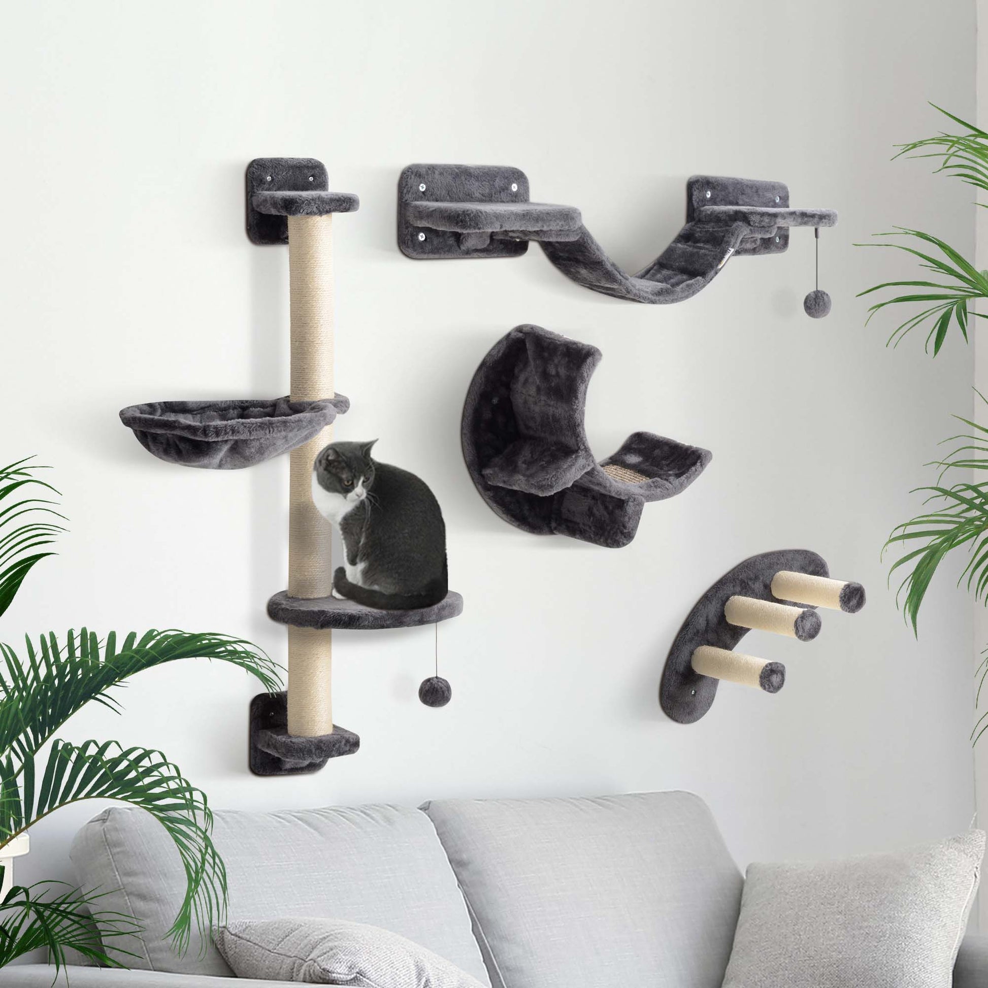 4Pcs Cat Wall Shelf with Scratching Post, Cat Wall Shelves for Relaxing, Climbing, Cat Wall With Soft Ladder, Hammock, Play Balls, Dark Grey