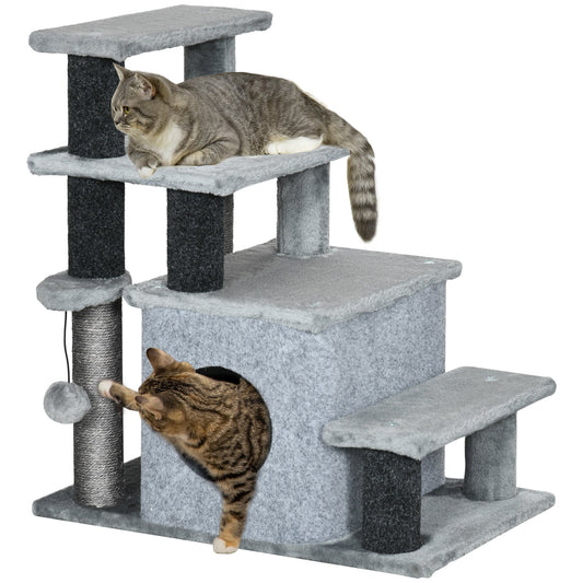 Adjustable Height Cat Stairs with Jute Scratching Posts, Cat House for Cozy Rest, Pet Steps for Couch Sofa and High Bed with Hanging Ball, Front Hole, Platform, Grey