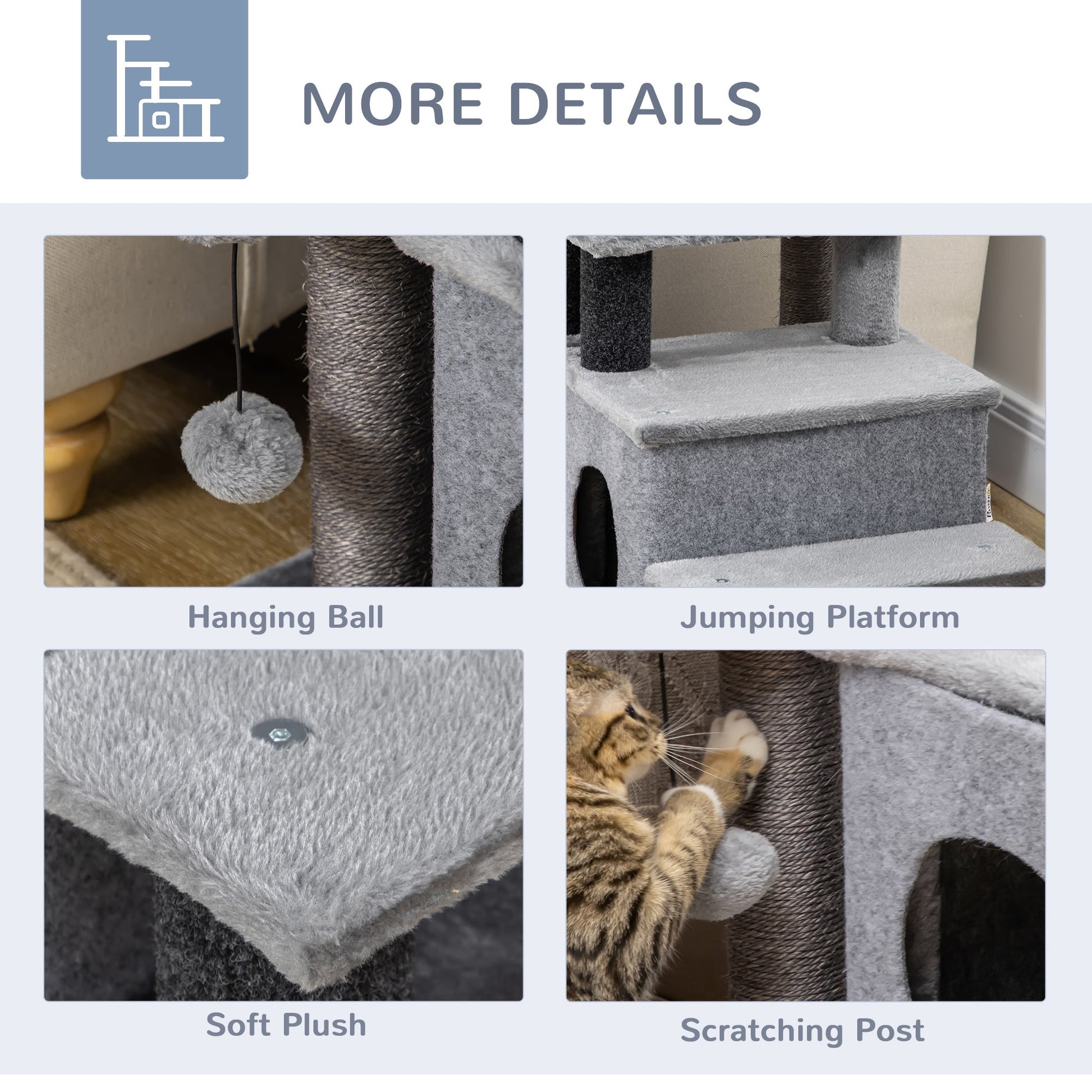 Adjustable Height Cat Stairs with Jute Scratching Posts, Cat House for Cozy Rest, Pet Steps for Couch Sofa and High Bed with Hanging Ball, Front Hole, Platform, Grey